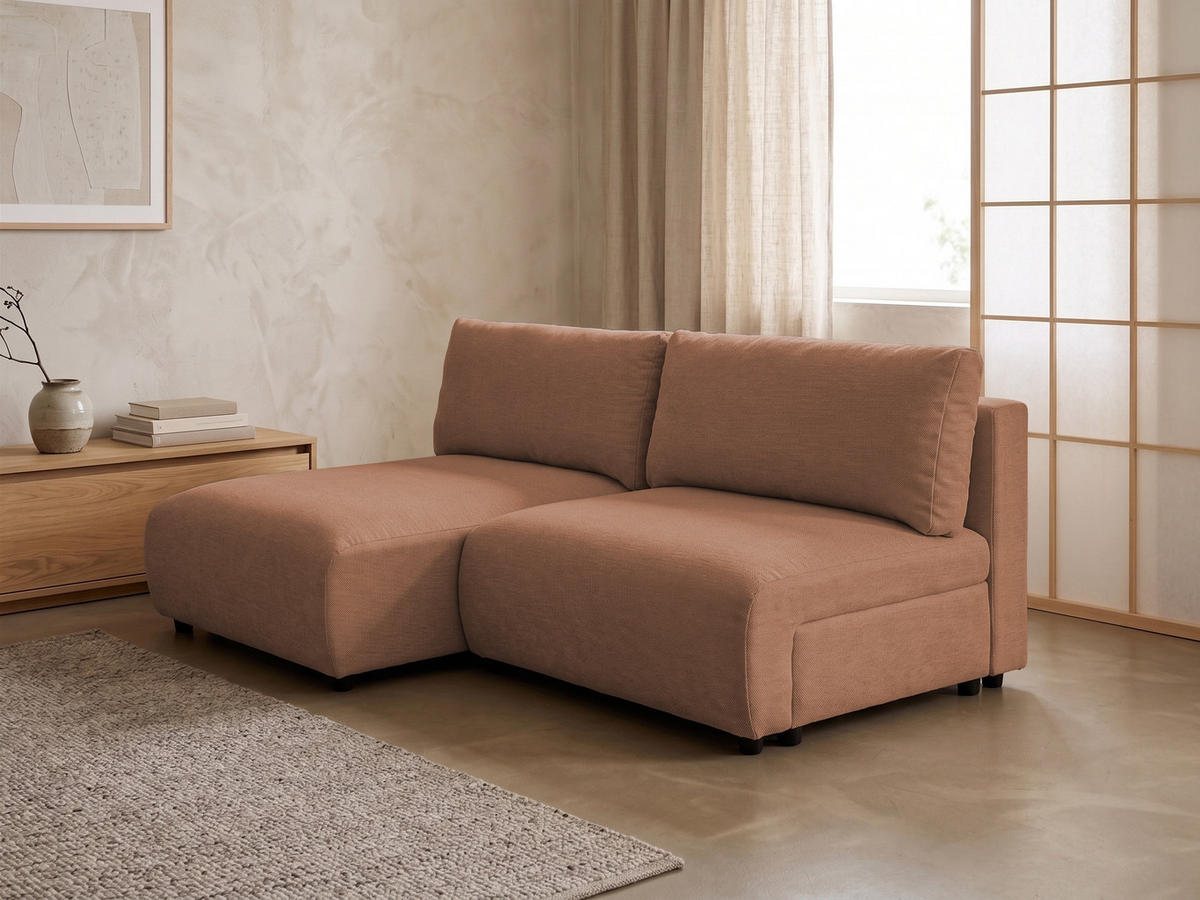 ECKSOFA Sora mit Schlaffunktion, Bettkasten und extra tiefer Komfortzone aus hochwertigem Terrakotta Strukturstoff - Terracotta/Schwarz, Holz/Kunststoff (140/200cm) - S-Style