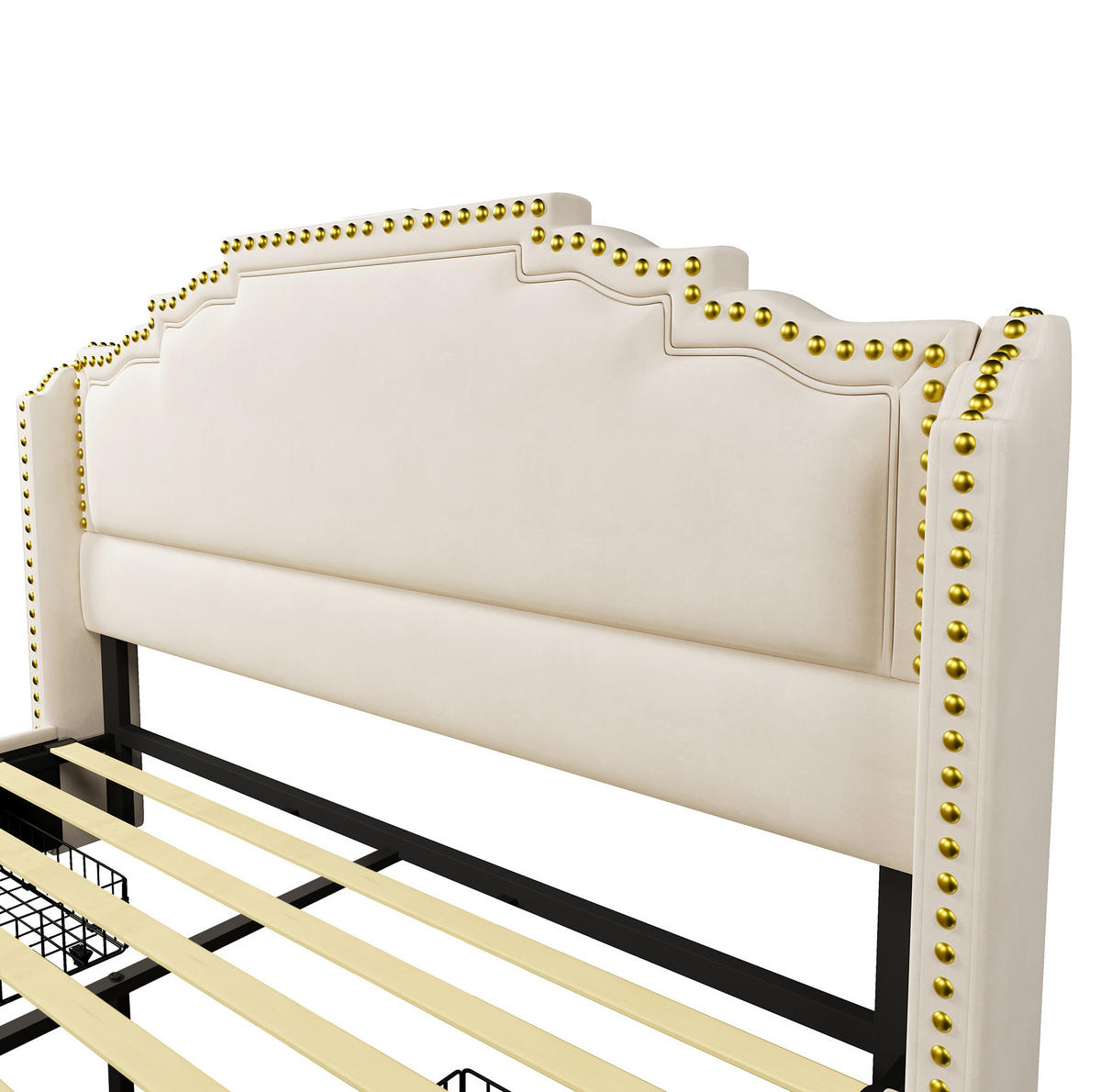 BETT mit 4 Schubladen LED USB-C 140x200 cm Samt Beige mit Matratze - Beige, Metall (140/200cm) - Meubliv