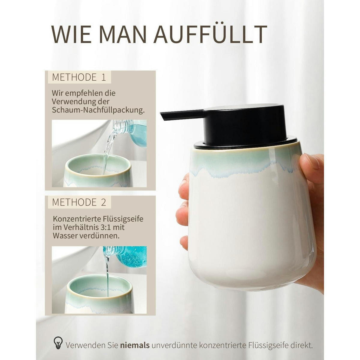 SCHAUMSEIFENSPENDER Keramik Weiß / Grüner Rand 350 ml - Grün, Keramik (9/12/9cm)