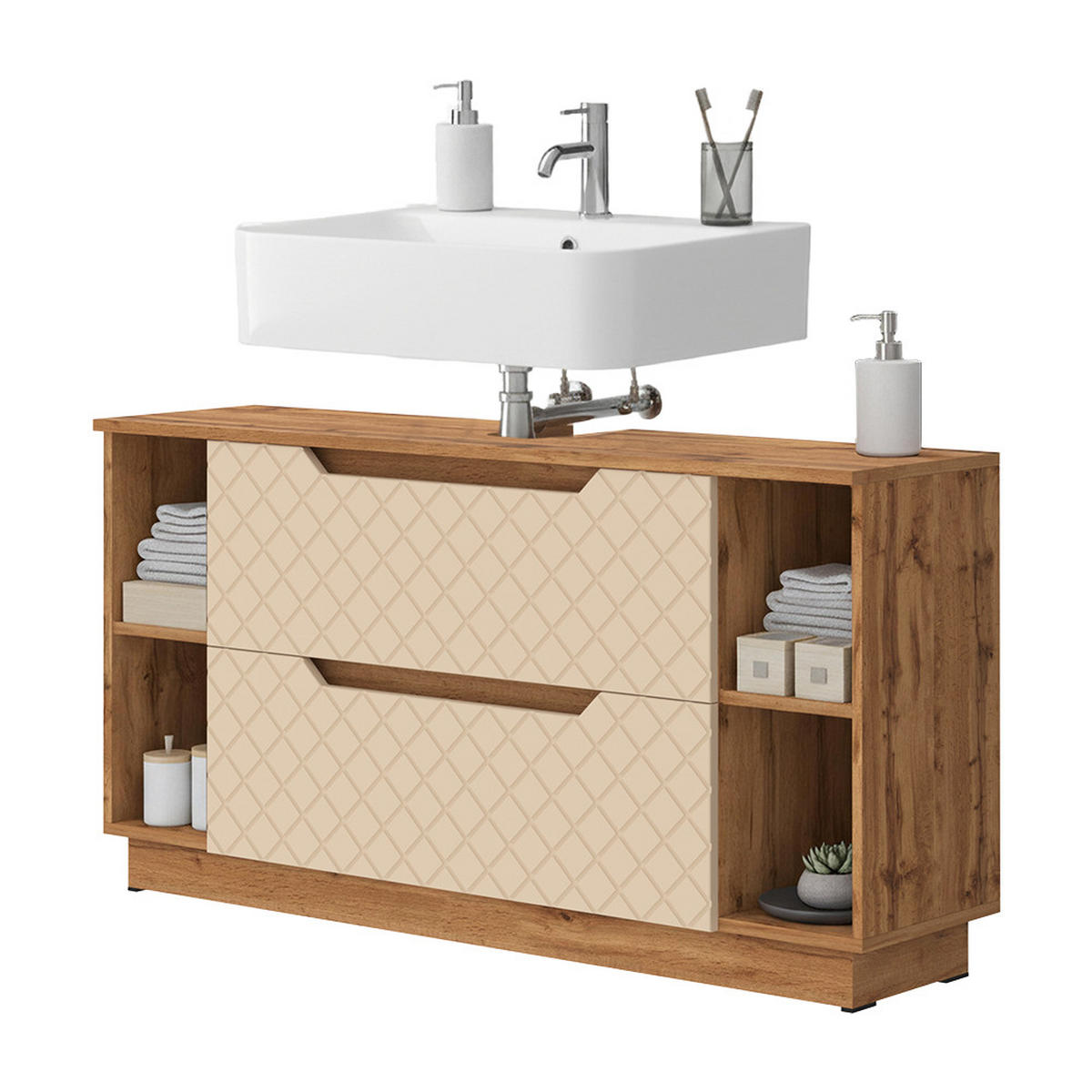 WASCHBECKENUNTERSCHRANK Lotta Eiche/Kaschmir mit Kachelstruktur 119.2 x 62.5 cm mit 2 Schubladen - Kaschmir/Eichefarben, Holzwerkstoff (119.2/62.5/35cm) - Vicco