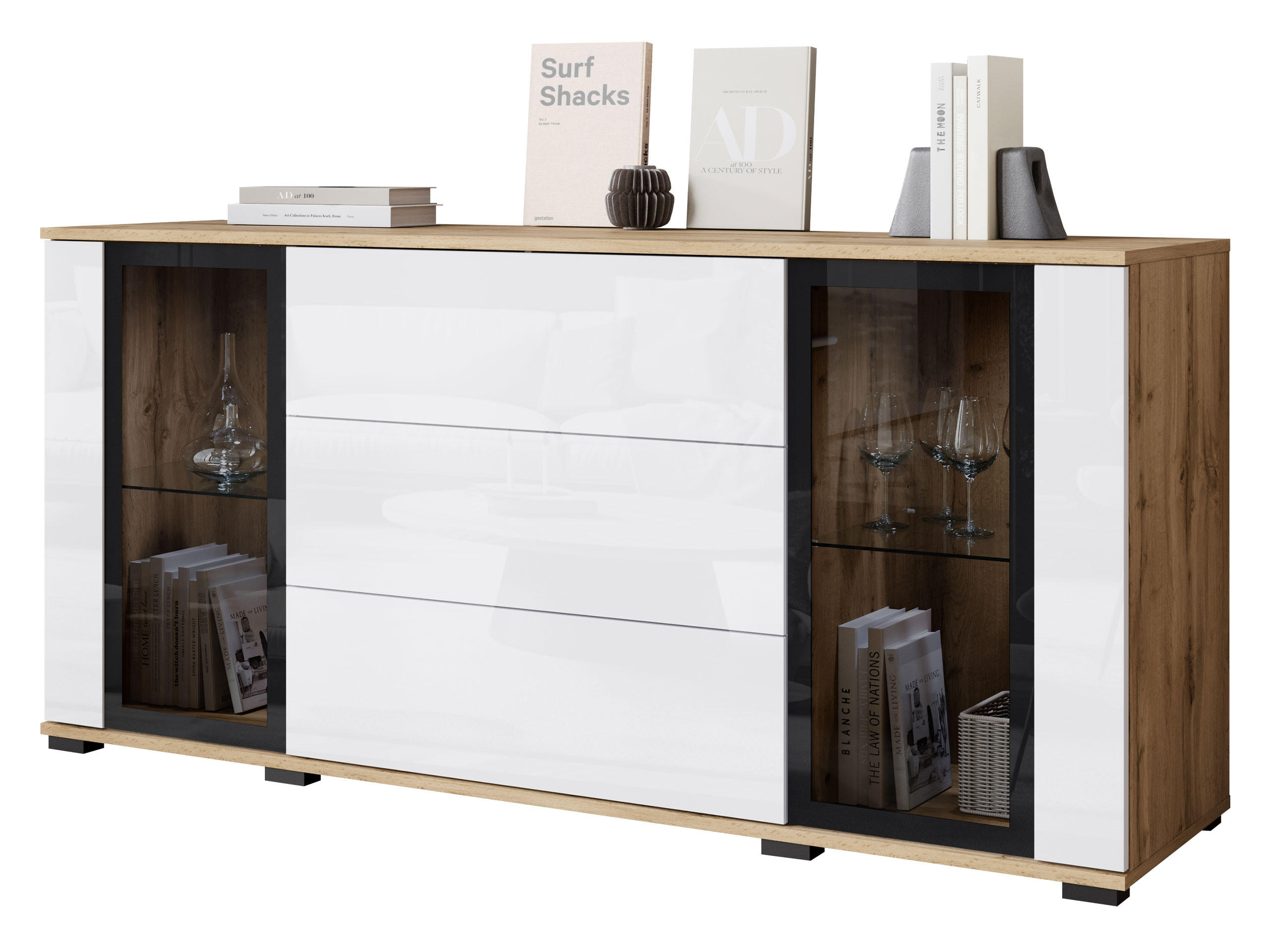 SIDEBOARD Caro SB 150 2D3S - Eiche Wotan/Schwarz, Holzwerkstoff/Kunststoff (150/70/40cm) - MIRJAN24