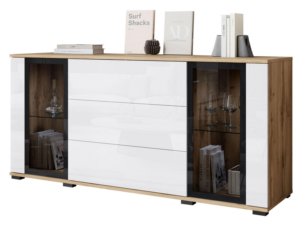 SIDEBOARD Caro SB 150 2D3S - Eiche Wotan/Schwarz, Holzwerkstoff/Kunststoff (150/70/40cm) - MIRJAN24