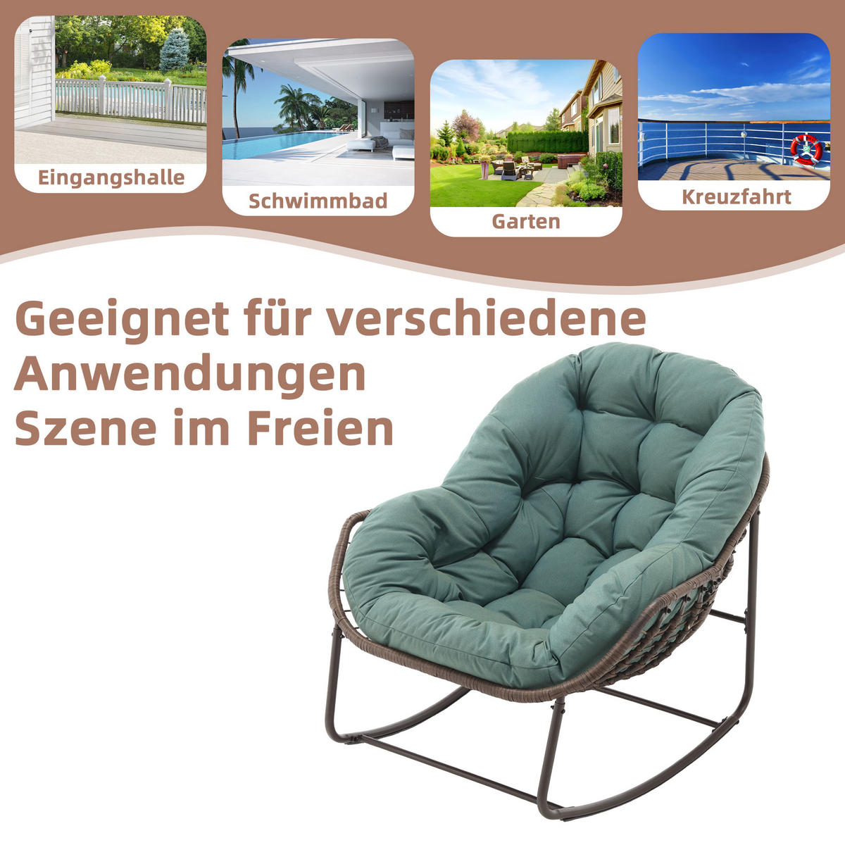 SCHAUKELSTUHL Schaukelsessel Garten,Rattanstuhl mit Stahlrahmen,Grün-Polyester - Grün, Metall (94.5/80/111cm) - LVHOM