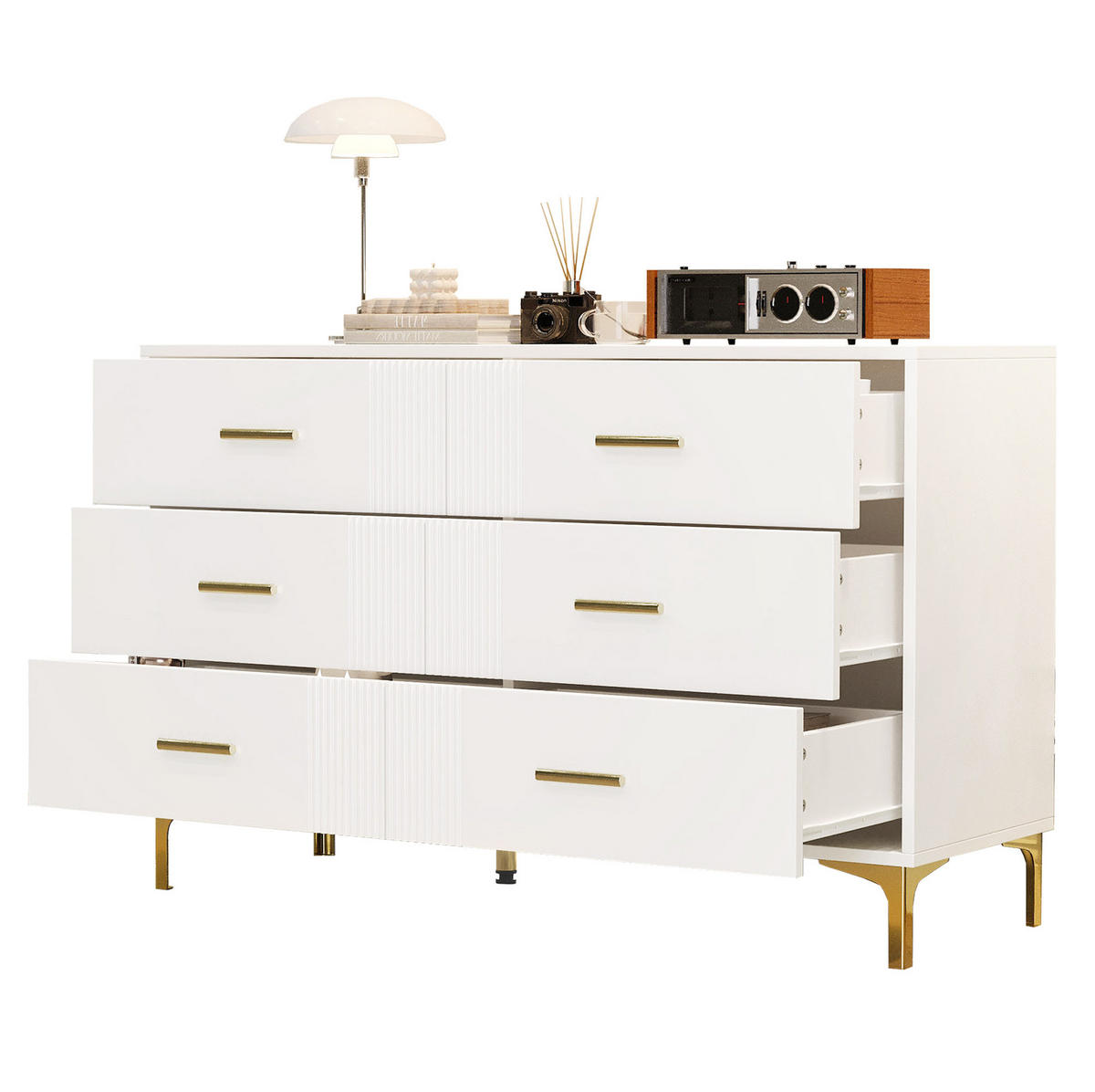 KOMMODE 120/40/76 cm in Weiß mit 6 Schubladen und Wellenfront - Weiß, Holzwerkstoff (120/76/40cm) - Flora Grace