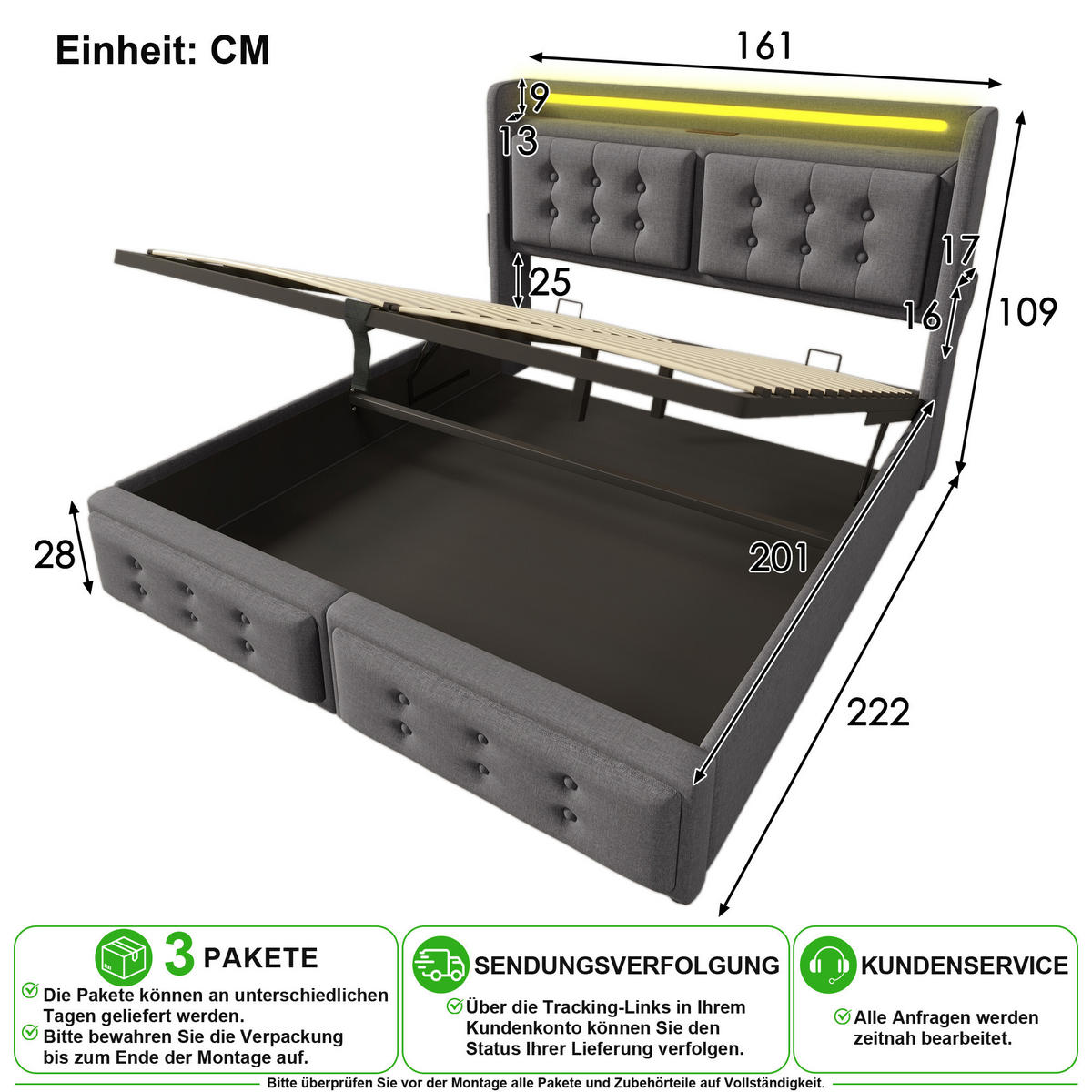 POLSTERBETT 160/200 cm in Grau Stoff mit Bettkasten, LED, USB und Matratze - Grau, Holzwerkstoff/Textil (160/200cm) - CHICFURN