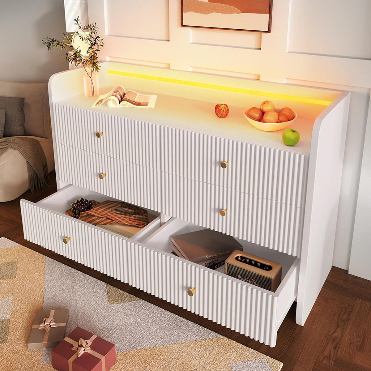 KOMMODE mit LED-Beleuchtung，Wellenförmiges Rillendesign，Weiß - Weiß, Holzwerkstoff (40/75/120cm) - KOMHTOM