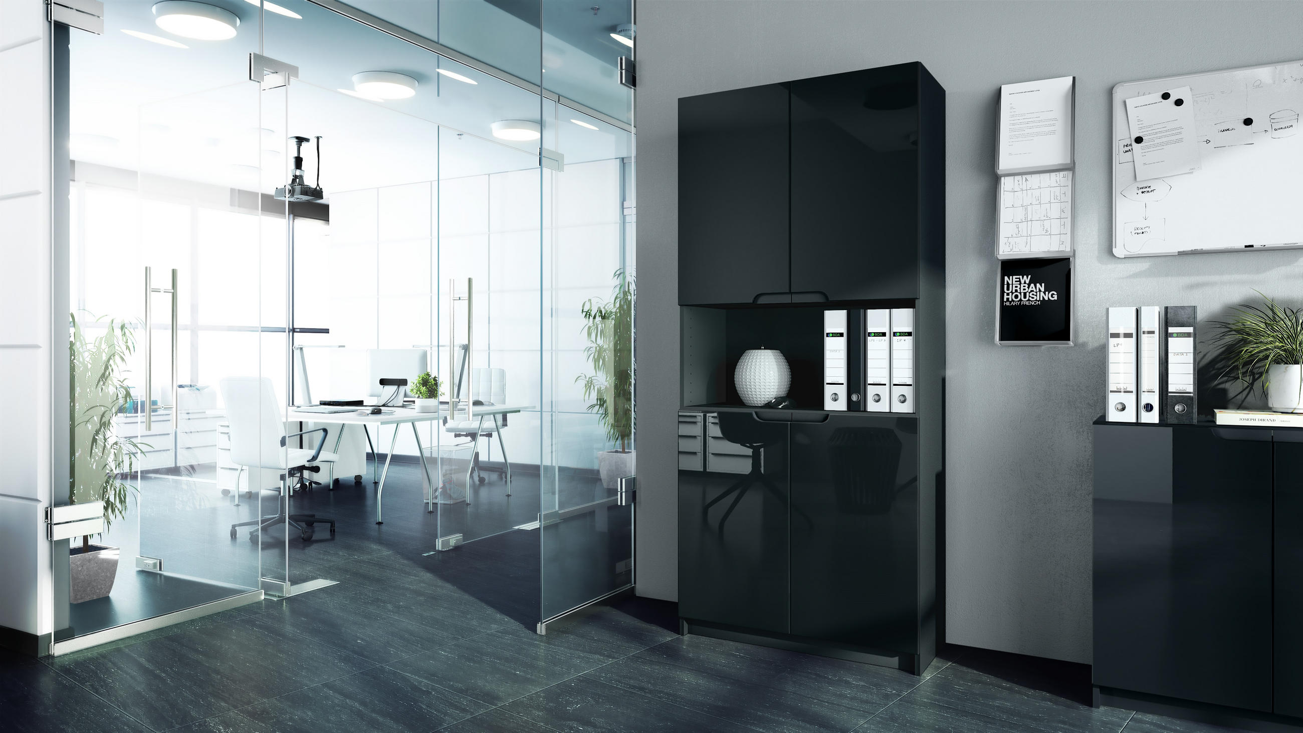 BÜROSCHRANK Logan Fronten in Schwarz Hochglanz - Schwarz Hochglanz, Holzwerkstoff (82/184/37cm) - Vladon