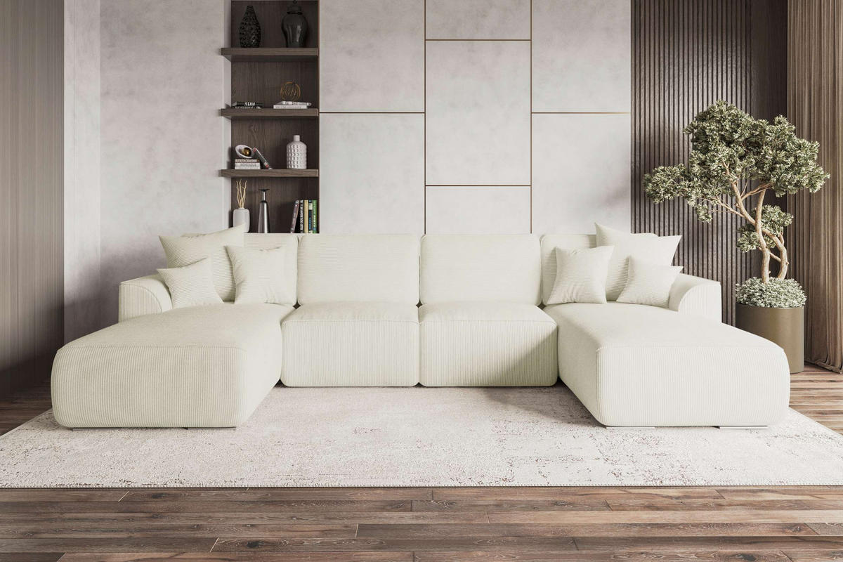 WOHNLANDSCHAFT GUSTO Cordstoff Creme inkl. Schlaffunktion - Chromfarben/Creme, Kunststoff/Textil (306/96/194cm) - 99rooms