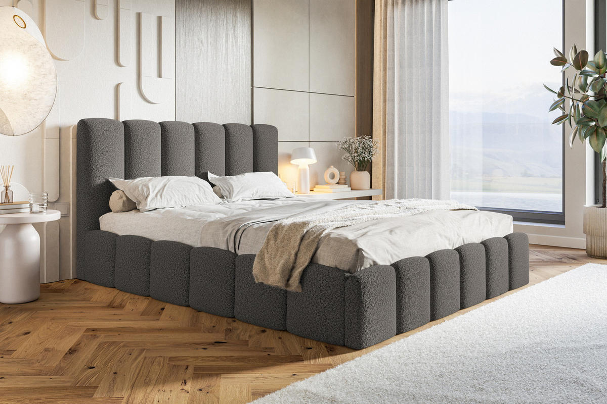 POLSTERBETT 140x200 Palermo mit Bettkasten, Lattenrost, Boucle, Dunkelgrau - Dunkelgrau, Holz/Textil (140/200cm) - Emporius