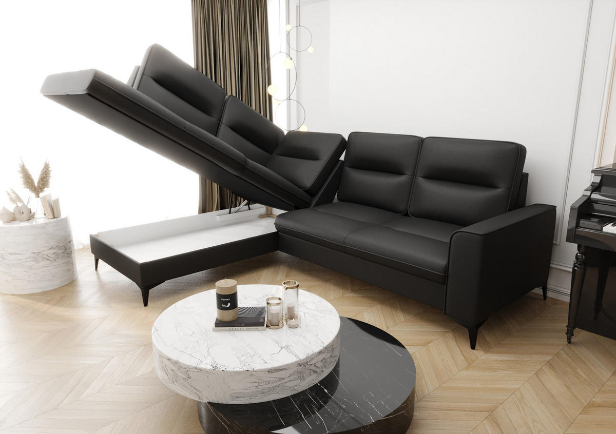 ECKSOFA KONGO RBN14, Eckcouch in L-Form mit Schlaffunktion, Farbe: Schwarz, Kunstleder, Ottomane Links - Schwarz, Textil (260/200cm) - O-Sofa
