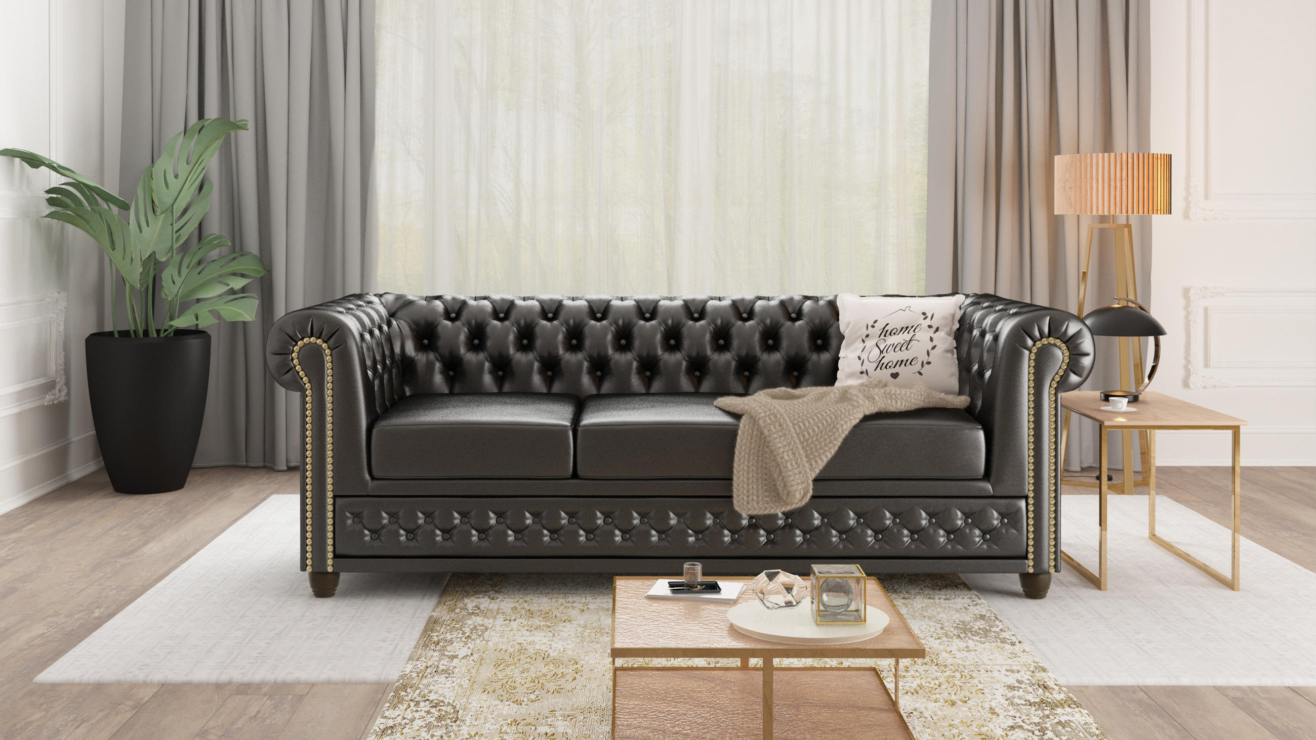 Thumbnail - S-Style Möbel Chesterfield-Sofa, Schwarz, Textil, Echtholz,Birke, 3-Sitzer, Füllung: Silikon,Silikon,Komfortschaum, 203x...