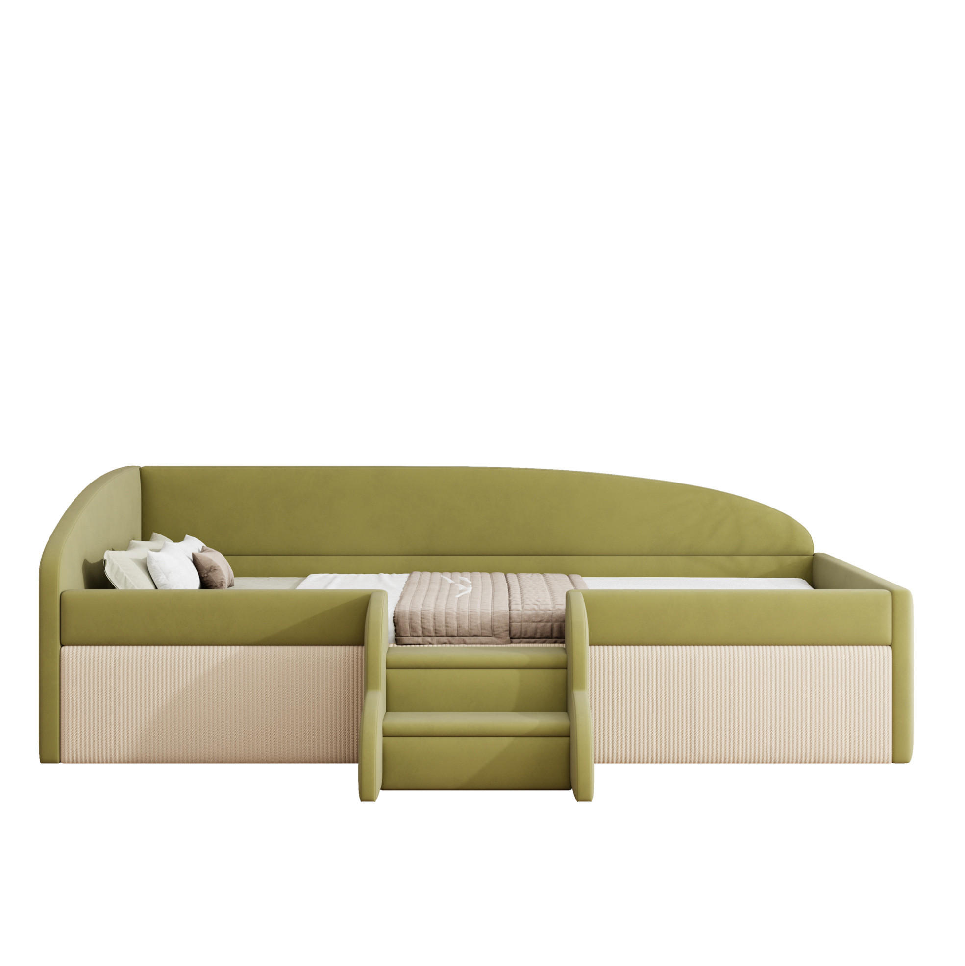 KINDERBETT 90/190 cm Dunkelgrün Cremeweiß Multifunktionsbett mit Stufen und Zäunen - Grün, Textil (90/200cm) - OKWISH