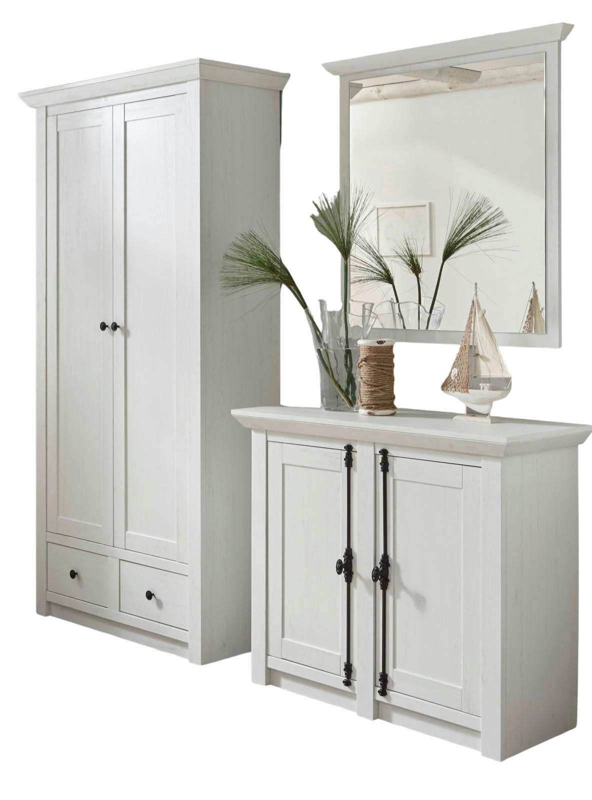GARDEROBE Pinie weiß Set 3-teilig 220 cm, Komplettset Landhaus - Schwarz/Weiß, Glas/Holzwerkstoff (220/206/45cm) - Furn.Design