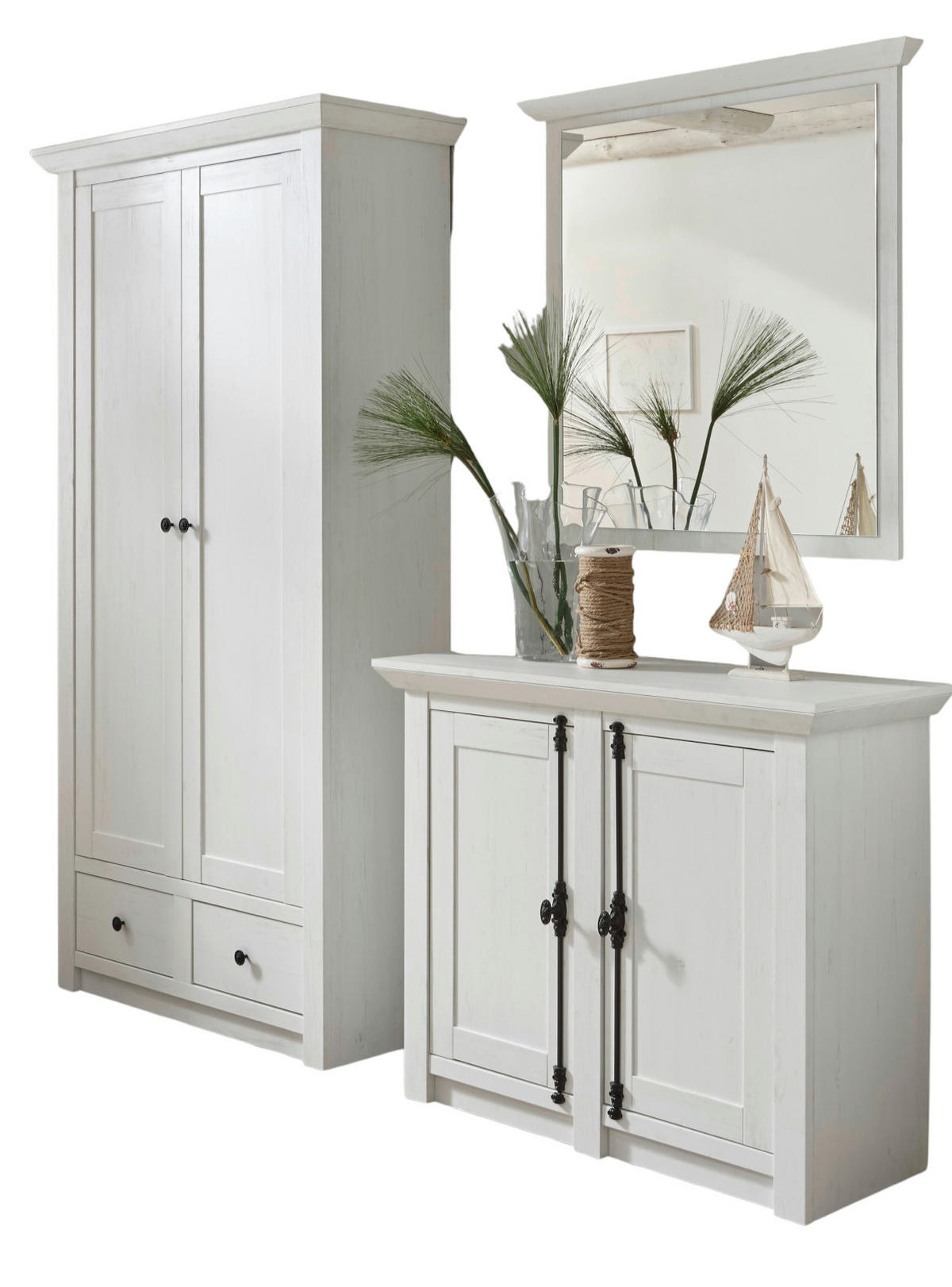 GARDEROBE Pinie weiß Set 3-teilig 220 cm, Komplettset Landhaus - Schwarz/Weiß, Glas/Holzwerkstoff (220/206/45cm) - Furn.Design