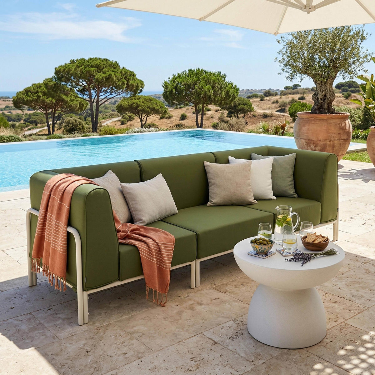GARTENSOFA mit 3 Sitzplätzen, Khakigrün - Grün, Textil (80/78/216cm) - Oviala