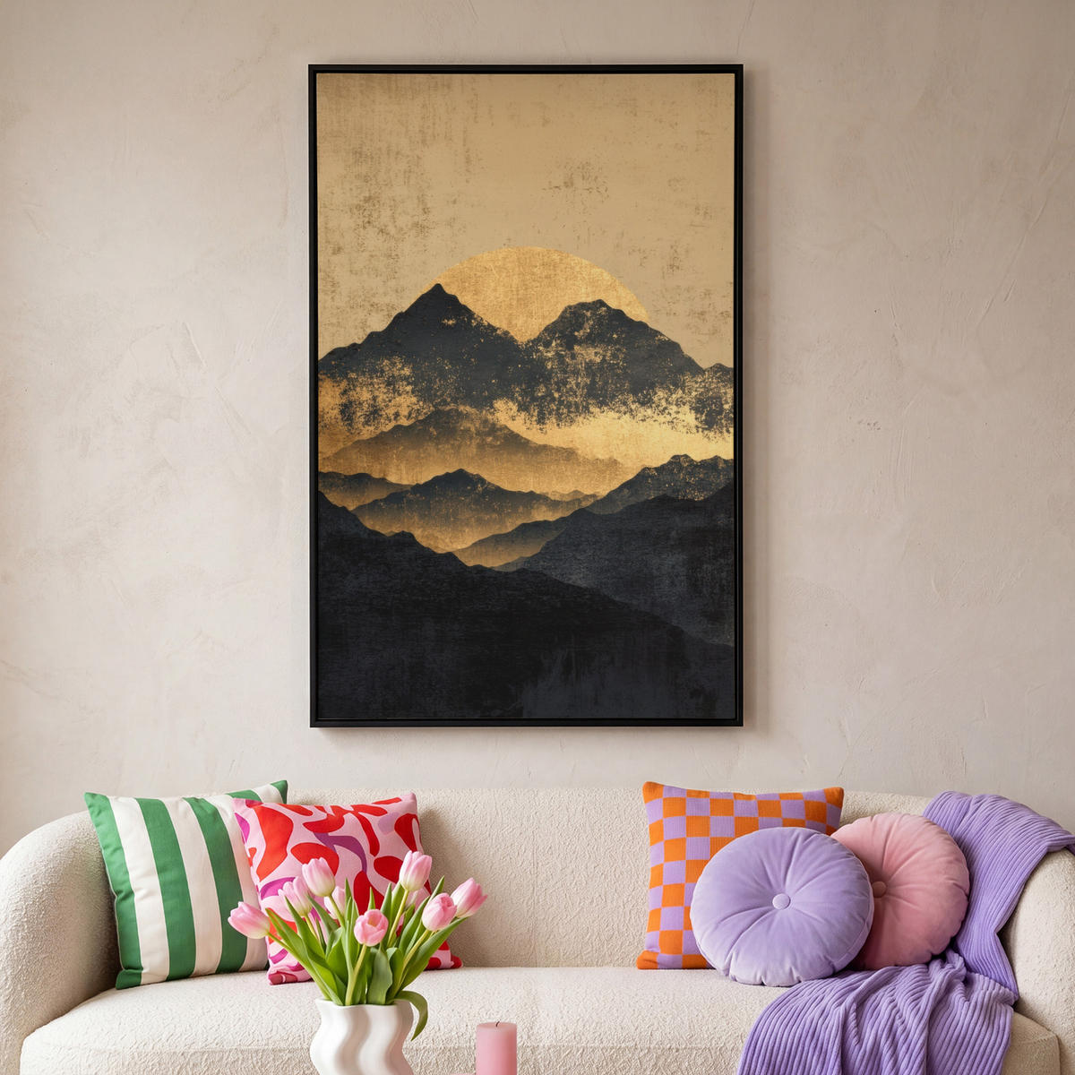 LEINWAND Bilder mit Rahmen - Goldene Berge bei Mondschein - 100x150 - Goldfarben, Textil (100/150cm) - MuchoWow