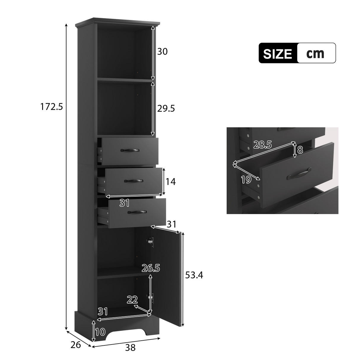 BADEZIMMERSCHRANK mit 3 Schubladen 38 x 26 x 172,5 cm Schwarz - Schwarz, Holzwerkstoff (26/172.5/38cm) - Beauniv