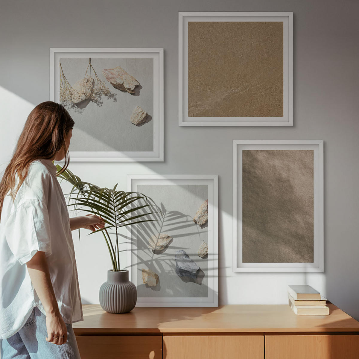 BILDER SET 4er Set - 50x50 cm & 40x60 cm Weißer Rahmen - Strandsteine natürliche Strukturen - Weiß, Kunststoff (50/50cm) - TULUP