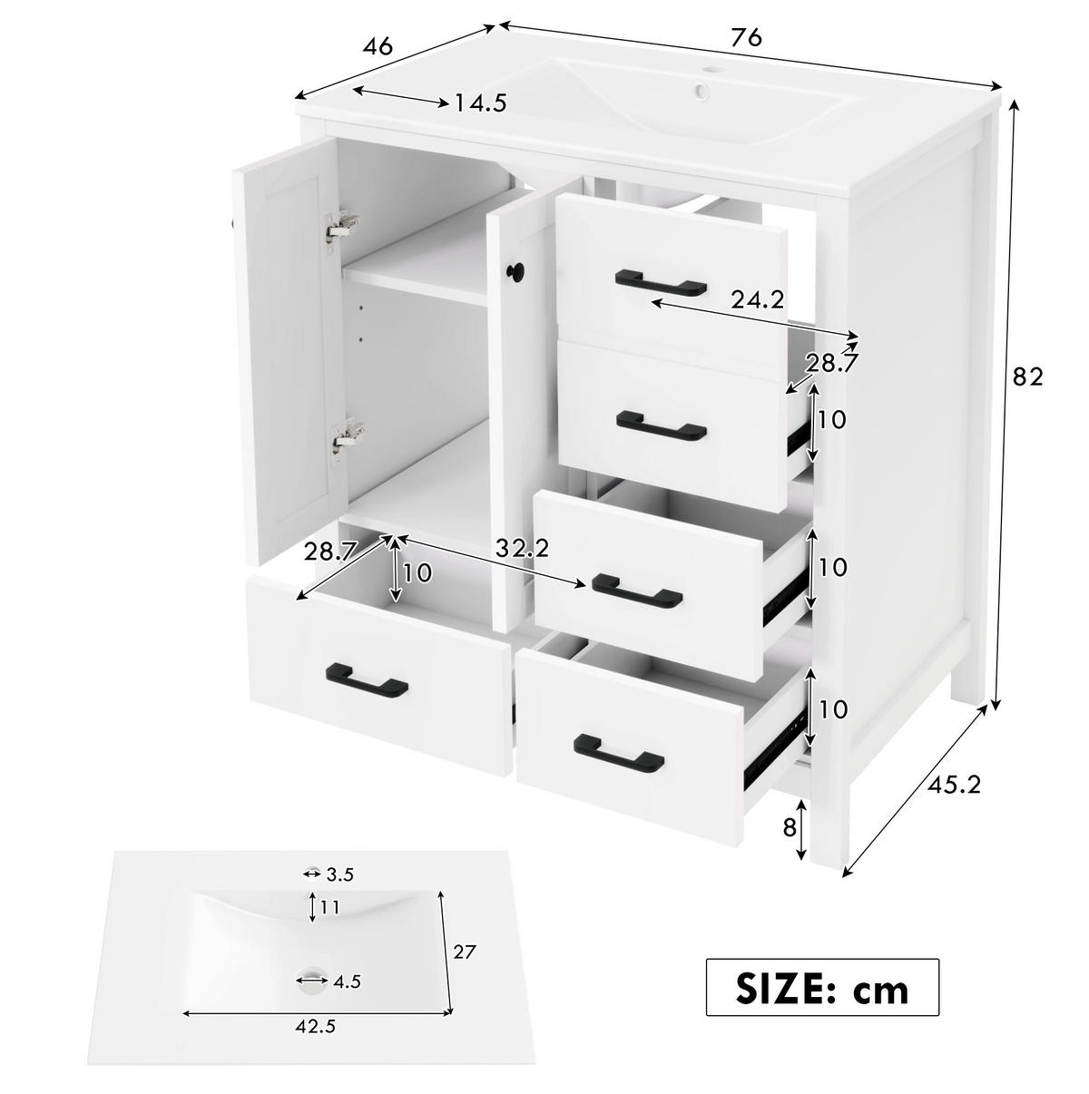 FREISTEHENDER Badezimmerschrank aus MDF und Keramik 76x46x82 cm Weiß mit Waschbecken und Stauraum - Weiß, Keramik (76/82/46cm) - Modfu