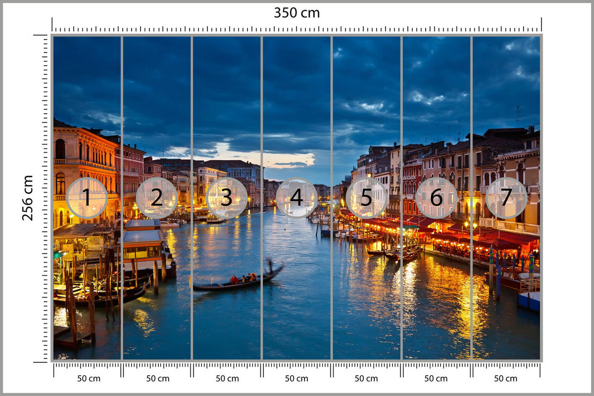 FOTOTAPETE für Büro Venezianischer Kanal Gondeln Abendstimmung Romantik 350x256 - Orange/Braun, Papier (350/256cm) - Muralo