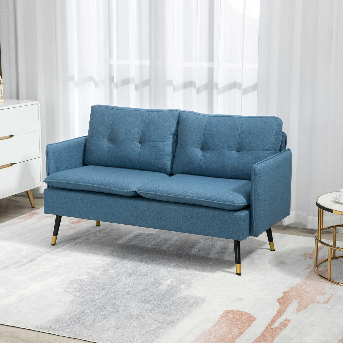 2 Sitzer Sofa, Couch mit Dickem Kissen, Leinenoptik, Polstersofa mit Stahlbeine - Blau, Kunststoff (68/80/139cm) - HOMCOM