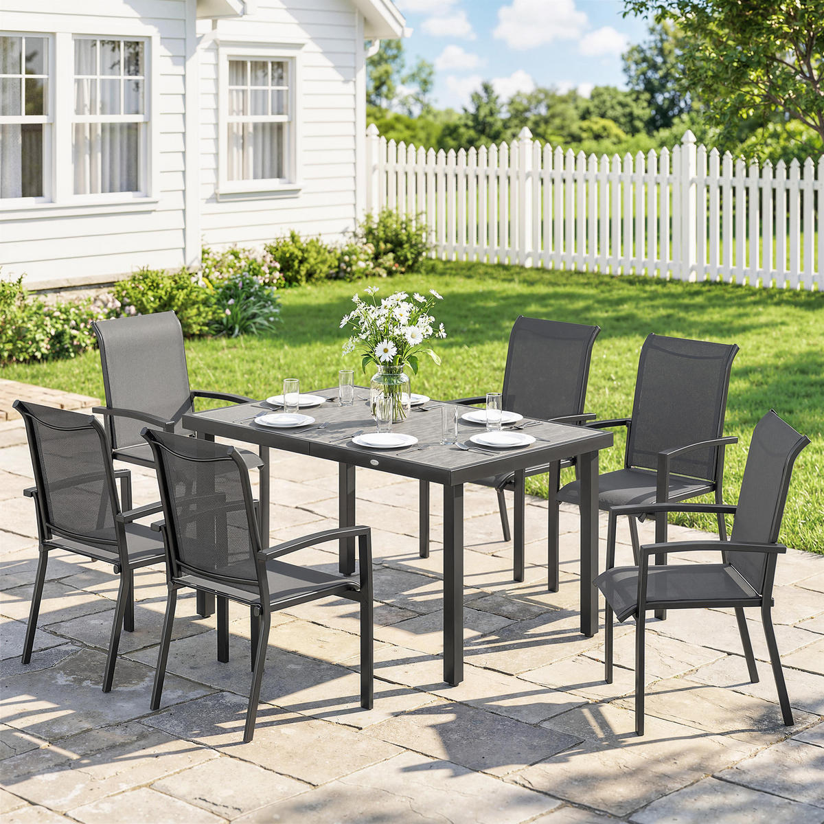 GARTENMÖBELSET 7-teilig,zweiteiliger Tisch+6 Texteline-Stühle,grau - Grau, Metall - Vallsero
