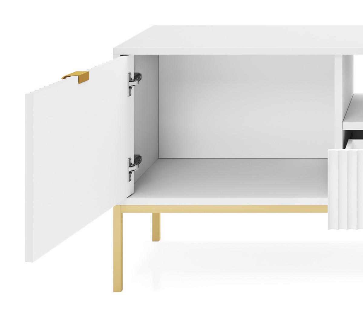 TV-SCHRANK NOVA Geriffelt Regal, 2 Türen, Schublade, Goldene Beine, 154x39x56cm, Weiß - Goldfarben/Weiß, Holzwerkstoff/Kunststoff (154/56/39cm) - DomoHome