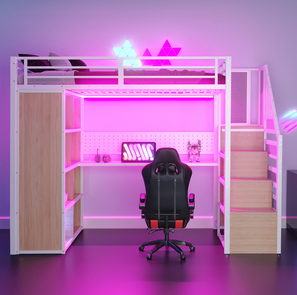 VYSOKÁ posteľ 90/200 cm biela z kovu a dreva s písacím stolom LED osvetlením a úložným priestorom - biela, kov (90/200cm) - OKWISH