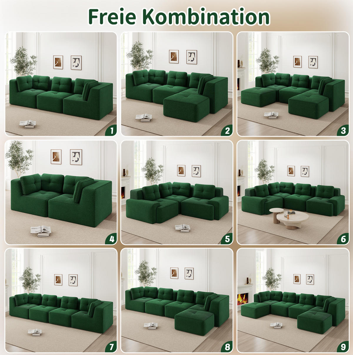 ECKSOFA 386/104/69 cm grün aus Cord mit modularem Design und rutschfestem Standfuß - Grün, Textil (104/386cm) - OKWISH