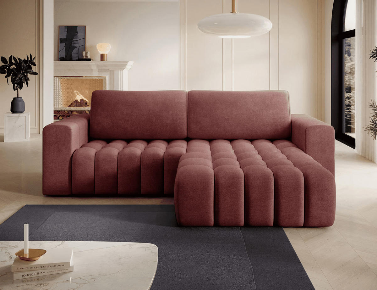ECKSOFA mit Schlaffunktion und Bettkasten, Velours-Stoff - Rot/Schwarz, Textil (175/250cm) - Eltap