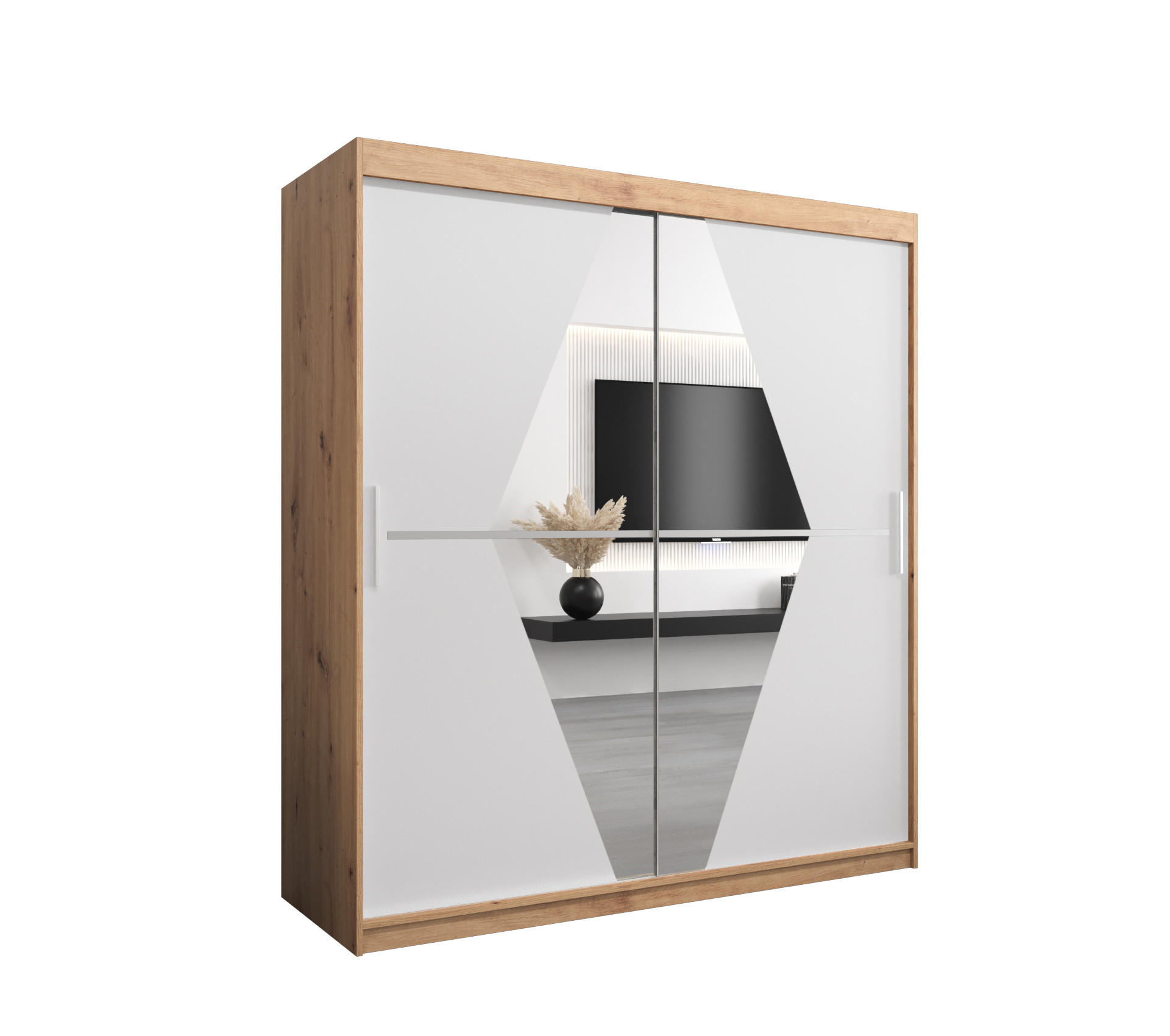 Abiks Möbel Schwebetürenschrank Eiche Artisan, Weiß 180x200x62 cm