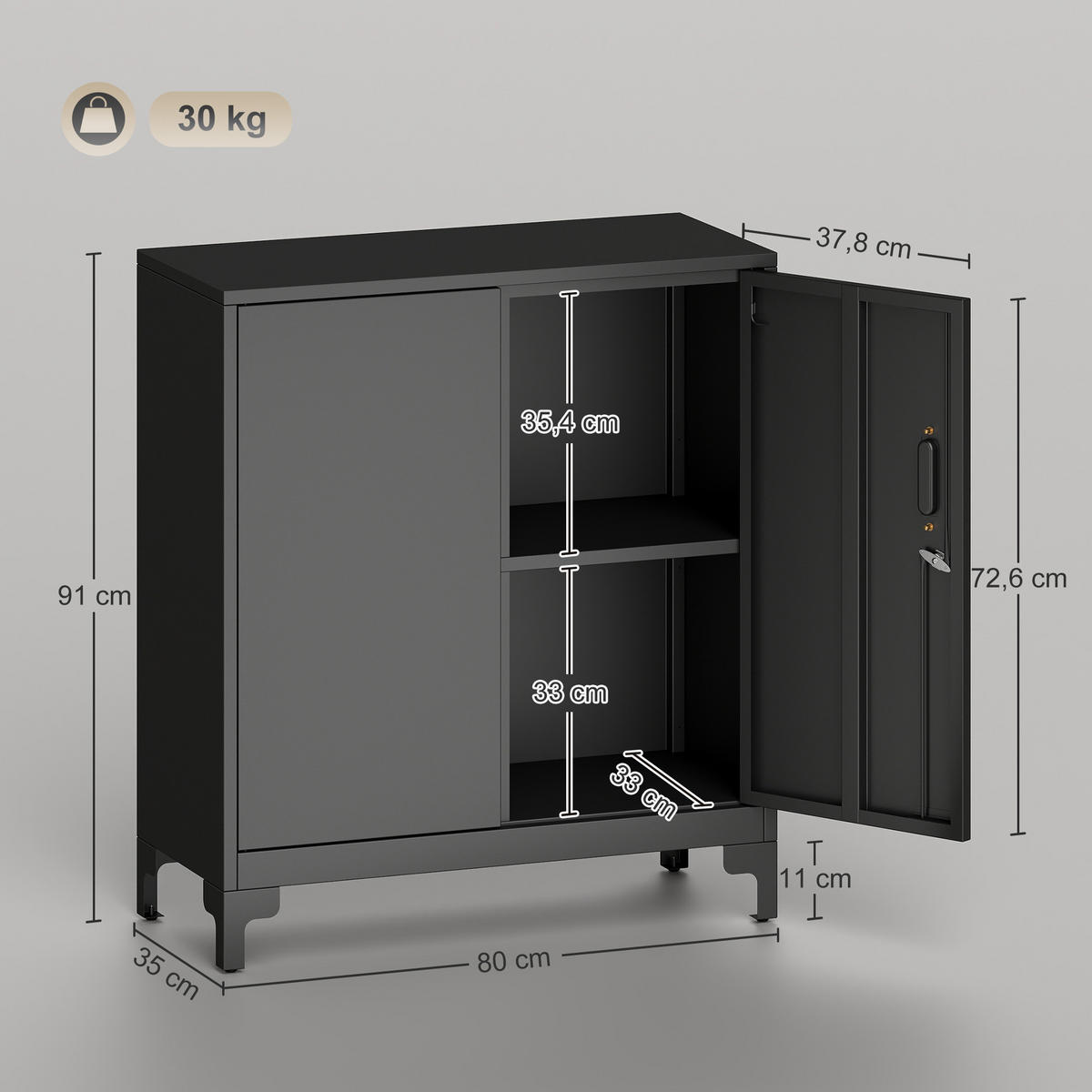AKTENSCHRANK DE-14513 2 Ebenen, 2 abschließbare Türen Schwarz - Schwarz, Metall (35/91/80cm) - ComfortXL
