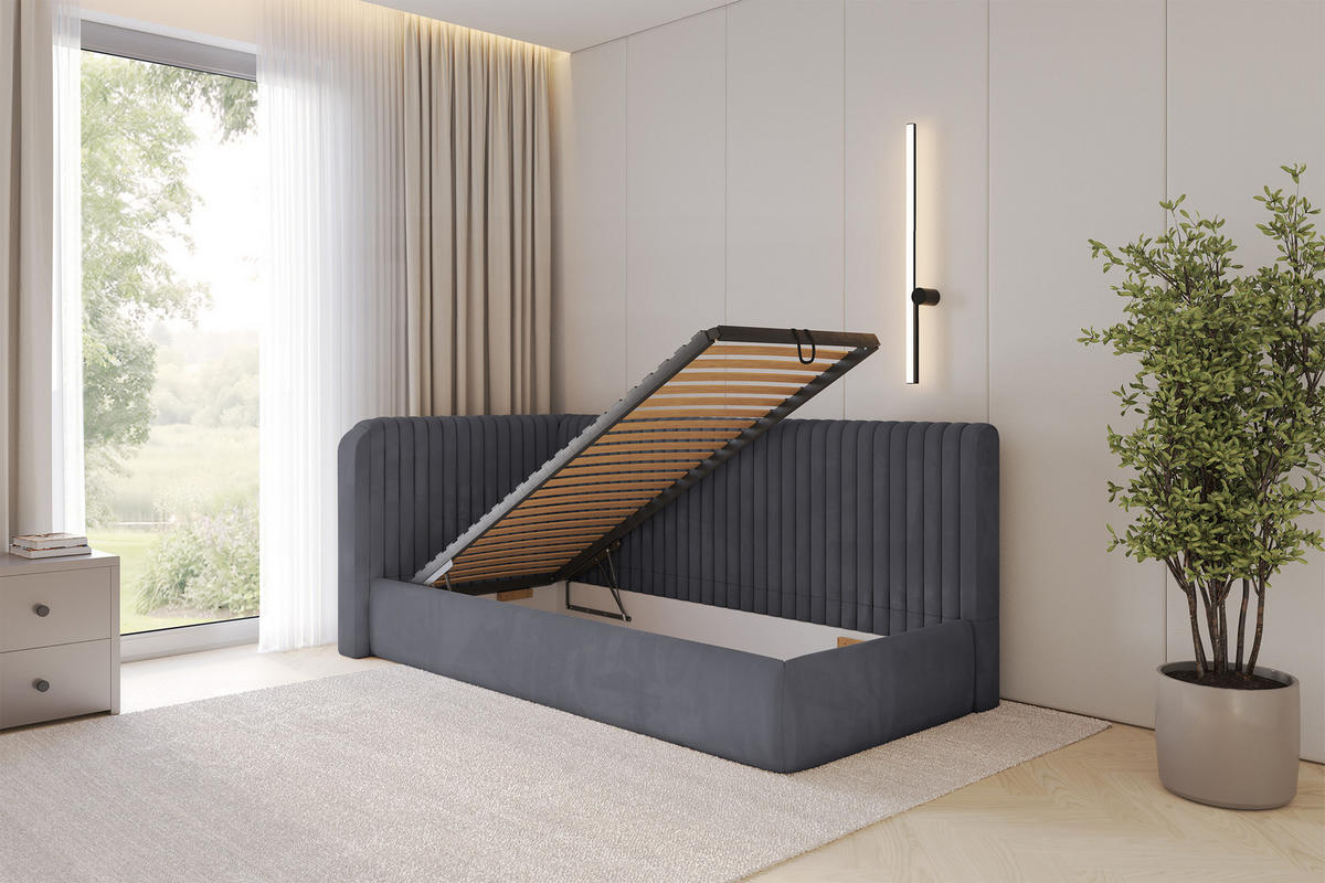 EINZELLBETT Jugendbett mit Bettkasten und Matratze H3/H4, Rechts - AURY 80x200 Dunkelgrau - Titanfarben, Holzwerkstoff/Textil (80/200cm) - ALTDECOR