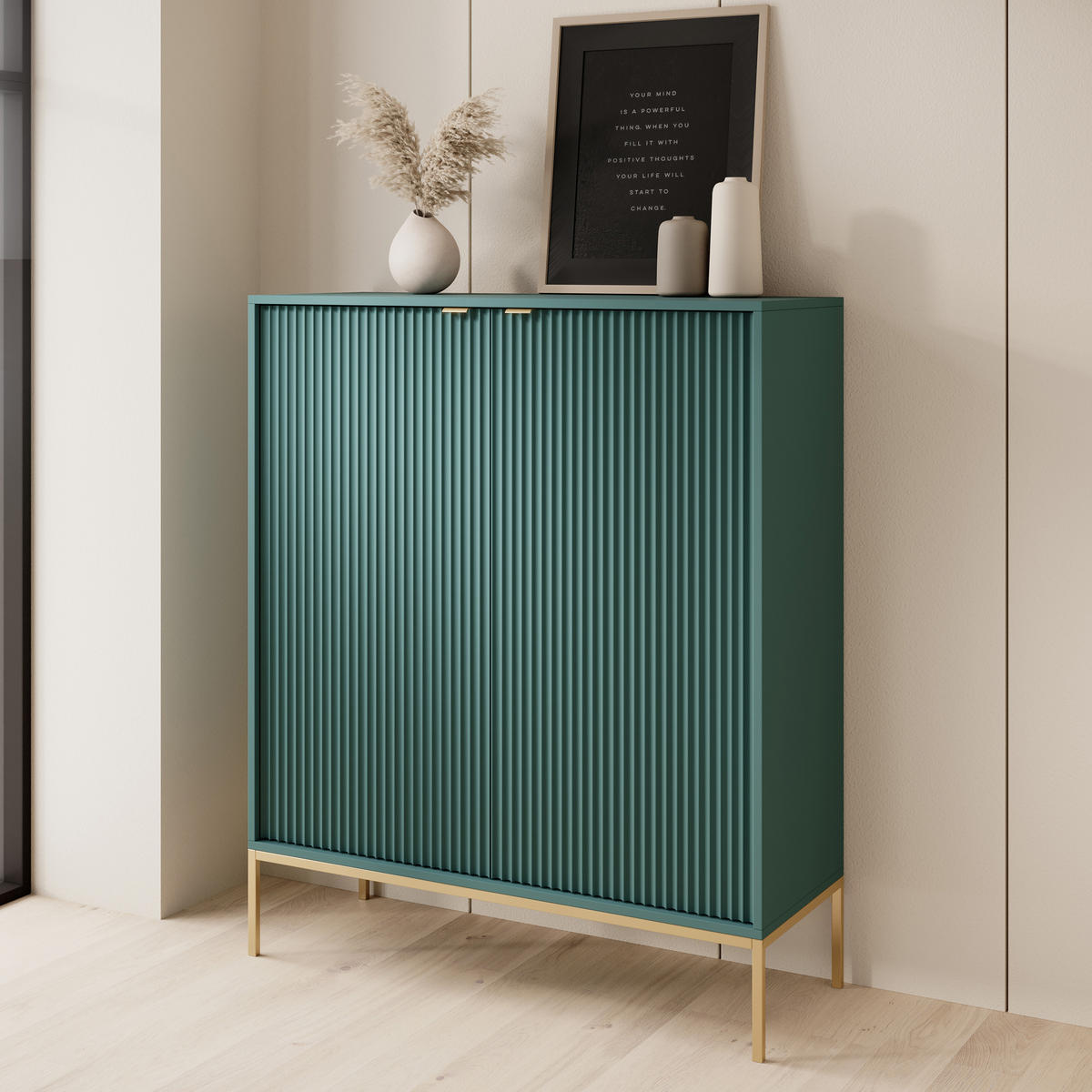 HIGHBOARD STELLARE 104/125/39 cm mit 2 Türen Hellgrün - Goldfarben/Hellgrün, Holzwerkstoff (104/125/39cm) - MASSENO