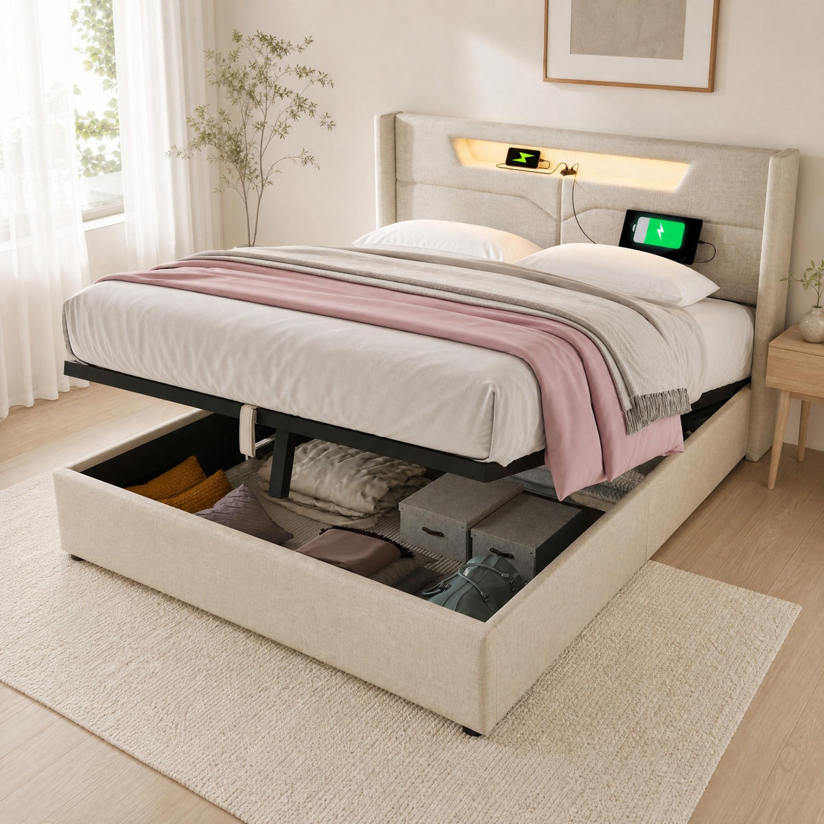 POLSTERBETT 160/200 mit Bettkasten, LED und USB in Beige - Beige, Textil/Metall (160/200cm) - EVRYAE