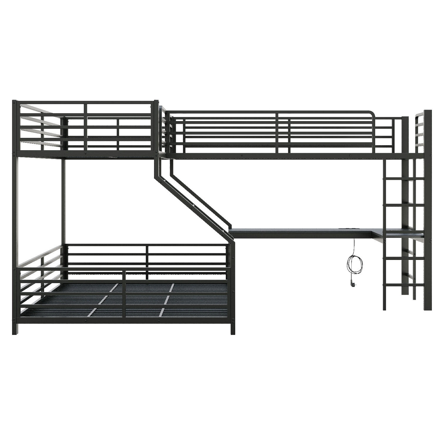 ETAGENBETT 90/200 cm Schwarz mit Schreibtisch, USB- und Type-C-Schnittstelle - Schwarz, Metall (90/200cm) - Oxeza