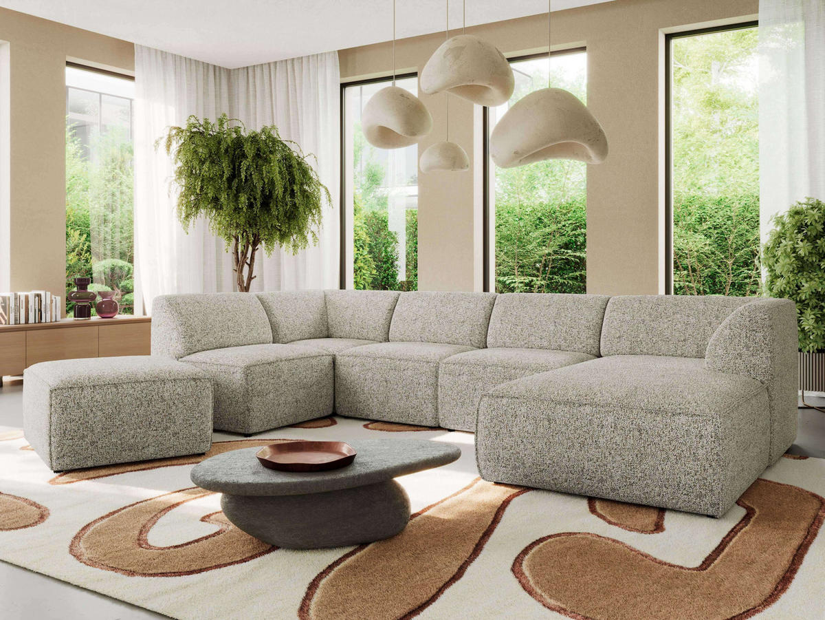 WOHNLANDSCHAFT MODARO U 6M - Beige Struktur - Rechts - Beige/Schwarz, Textil (345/78/180cm) - MKS