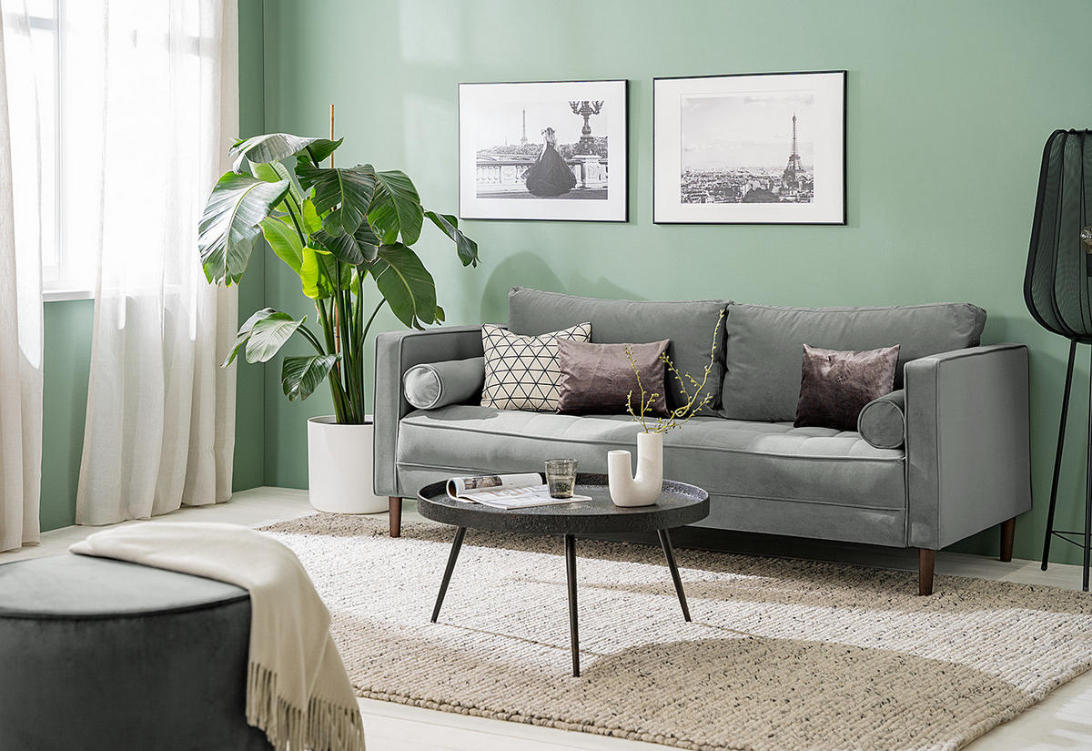 3-SITZER SOFA - Samt - Grau, Textil (191/80/86cm) - home24