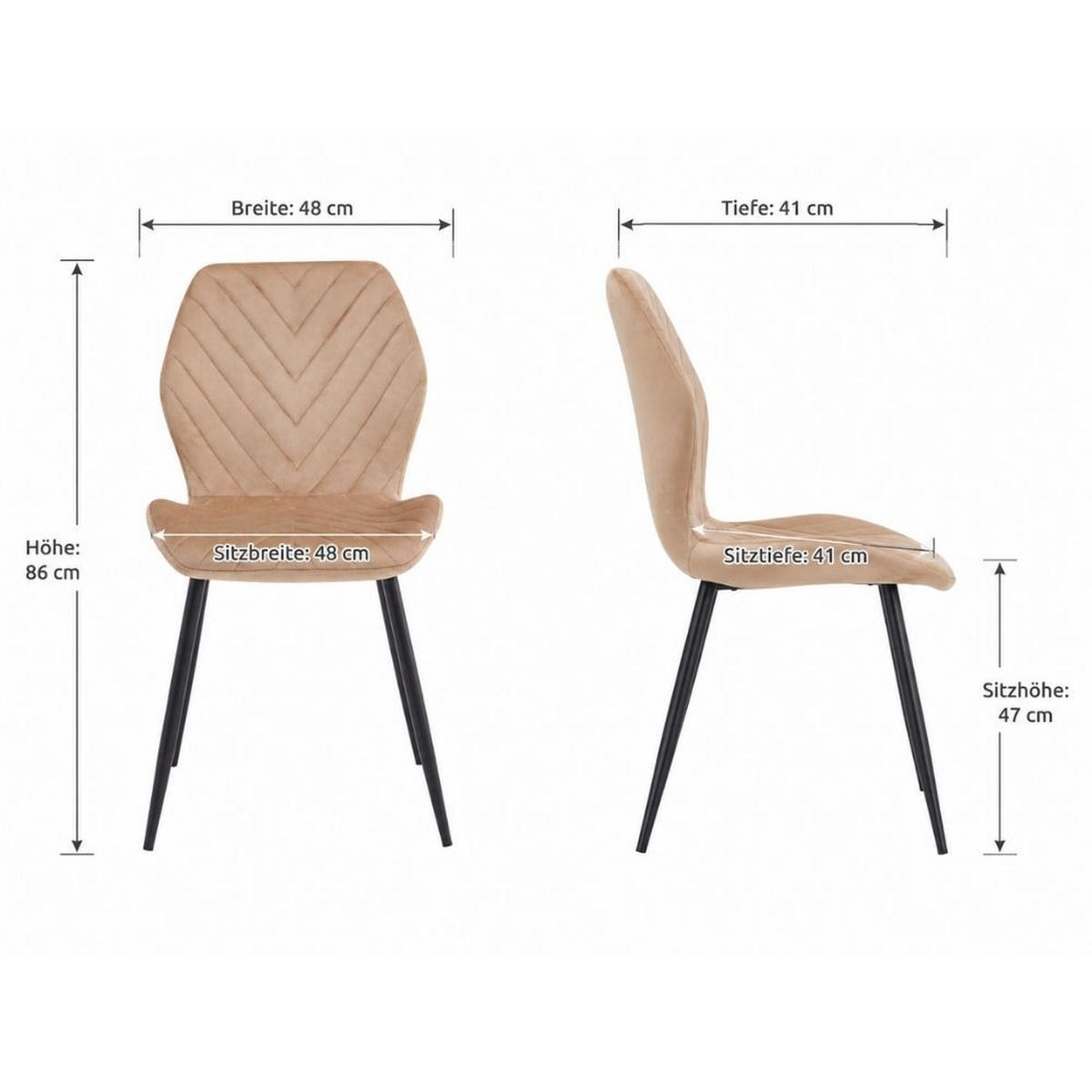 STÜHLE Esszimmerstuhl, gepolstert mit Steppung, schwarze Metallbeine, 1 Stück, Beige - Beige/Schwarz, Metall (48/86/41cm) - AN Furniture Store