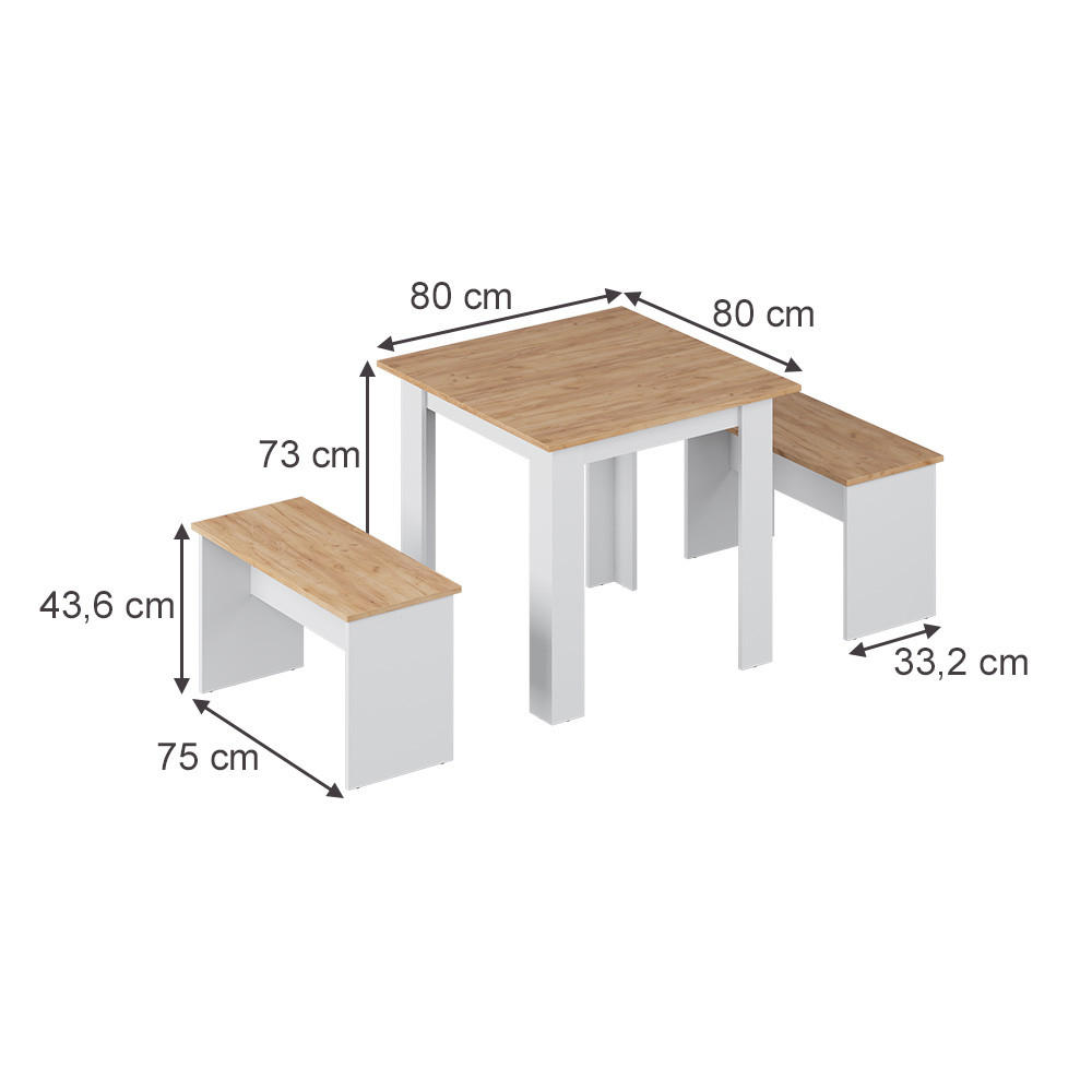 ESSTISCH SET Sentio Weiß/Goldkraft Eiche 80 x 80 cm mit 2 Bänken - Honigeiche/Weiß, Holzwerkstoff (80/73/80cm) - Vicco
