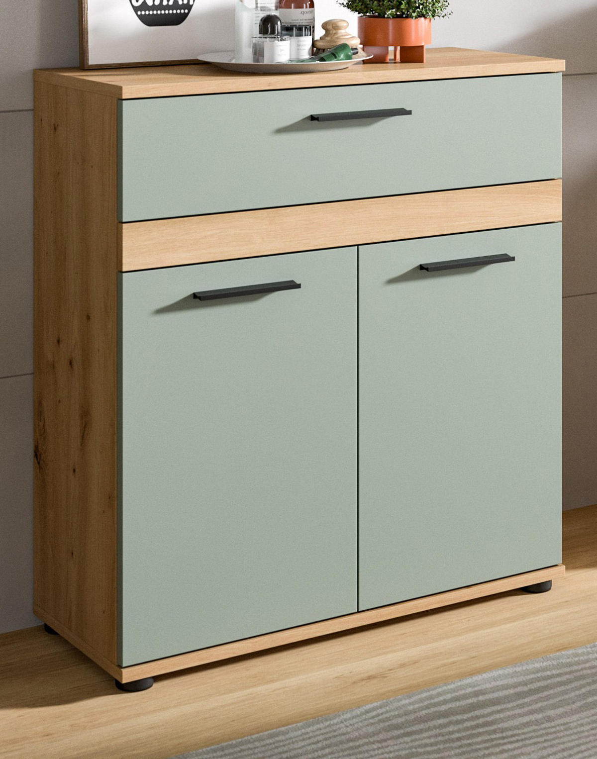 KOMMODE Salbei grün, Eiche Artisan 70 x 79 cm, Badschrank 2-türig - Salbeigrün/Schwarz, Holzwerkstoff/Kunststoff (70/79/31cm) - Inn.Furn