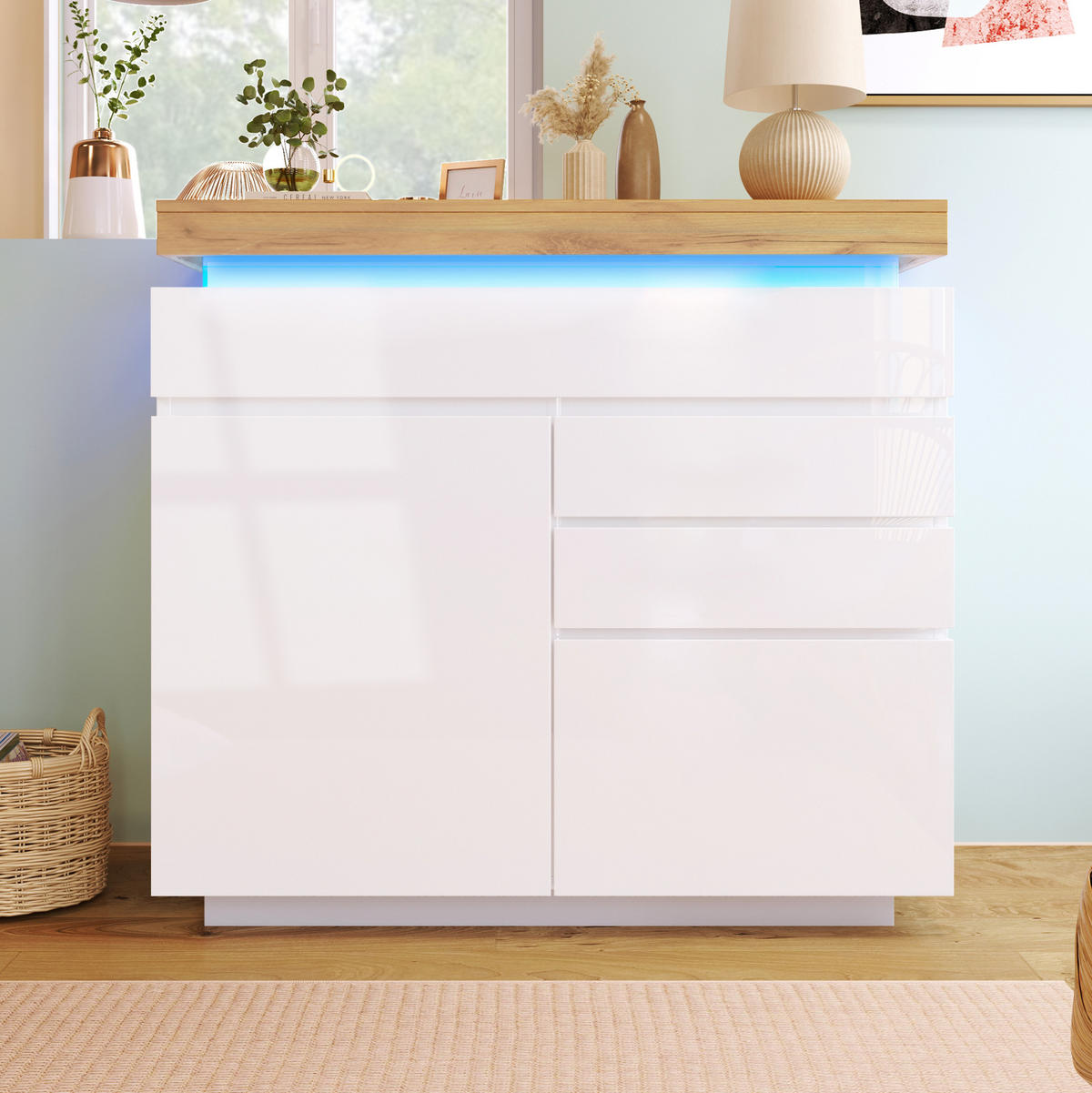 KOMMODE 110/115/39 cm Weiß aus Spanplatte mit LED-Beleuchtung - Weiß, Holzwerkstoff (39/115/110cm) - OKMYHOME