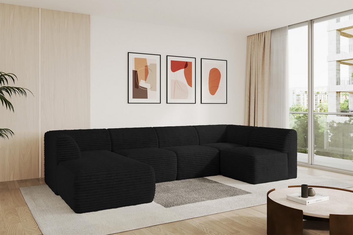 WOHNLANDSCHAFT Ottomane Links MOVO-L 345x180x78 cm Schwarz Cord - Schwarz, Holzwerkstoff/Kunststoff (345/78/180cm) - ALTDECOR