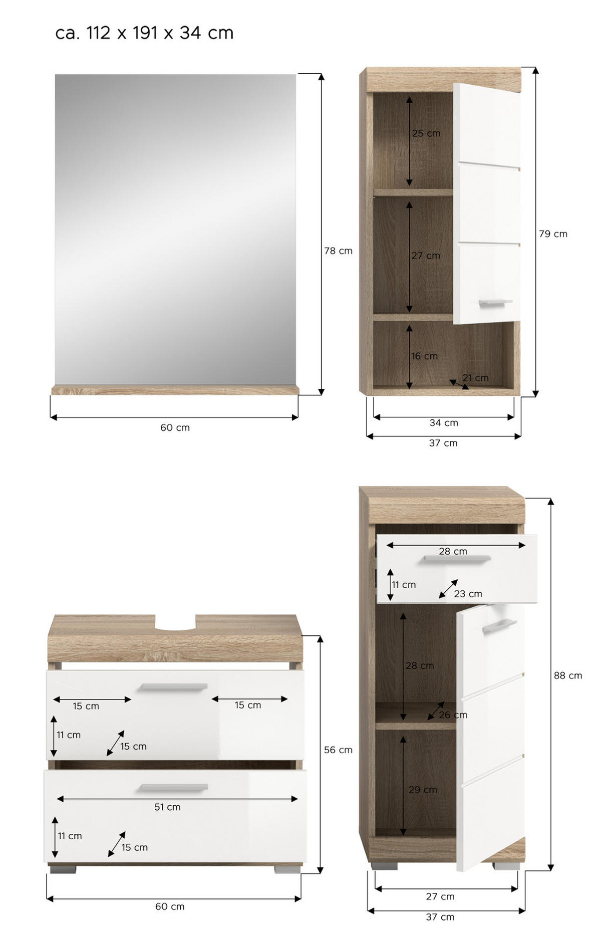 BADMÖBEL-SET weiß Hochglanz, Eiche 4-teilig 112 cm, Kombination mit viel Stauraum - Weiß Hochglanz/Eichefarben, Glas/Holzwerkstoff (112/191/37cm) - Inn.Furn