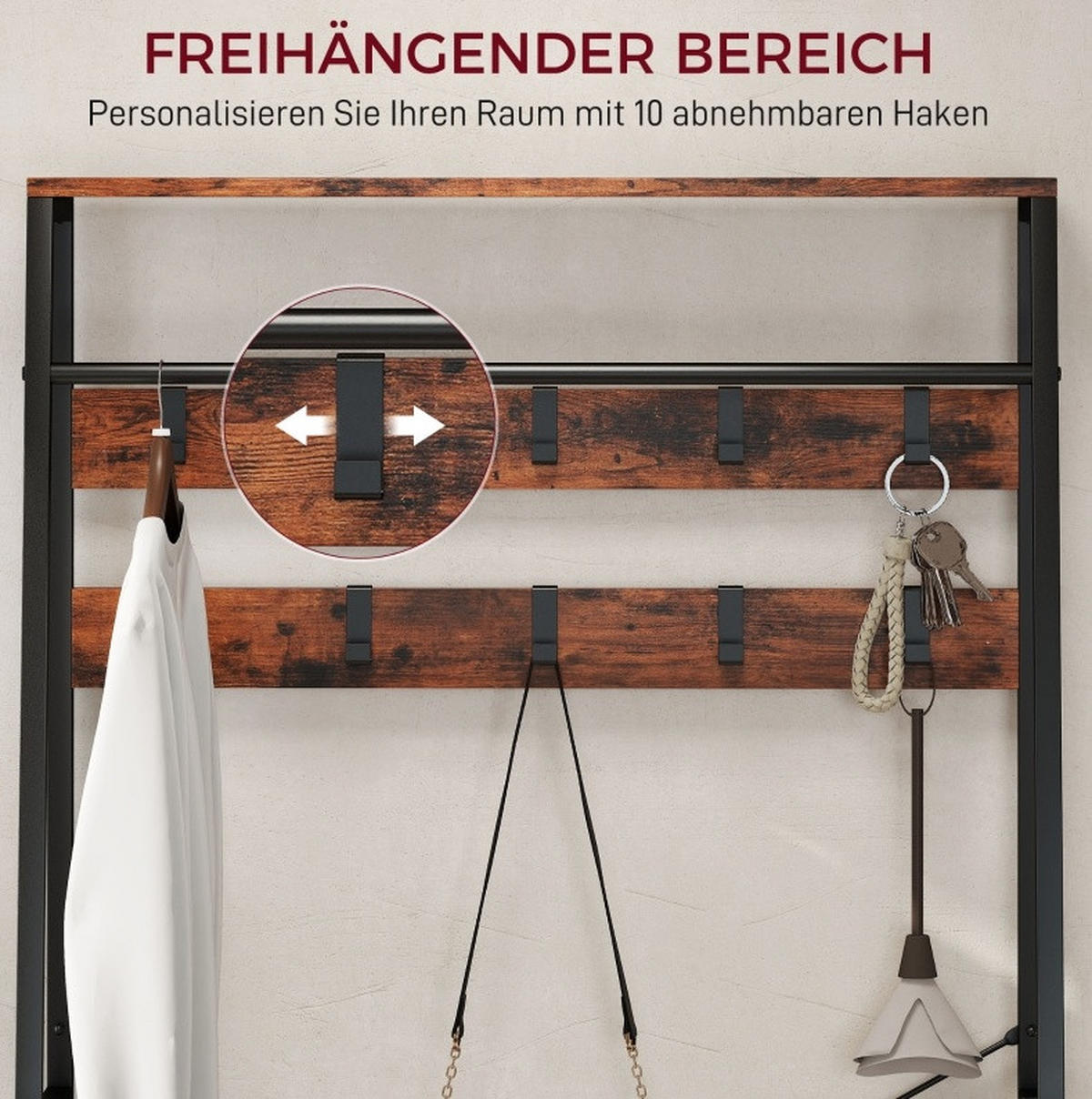 STANDGARDEROBE 80/30/180 cm mit 10 Haken, Schuhablage und Sitzbank - Braun, Holz (80/180/30cm) - BEAOK