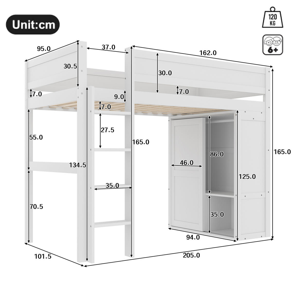 HOCHBETT 90/200 cm Weiß mit Kleiderschrank und Staufach ohne Matratze - Weiß, Holz (90/200cm) - MIVRAY