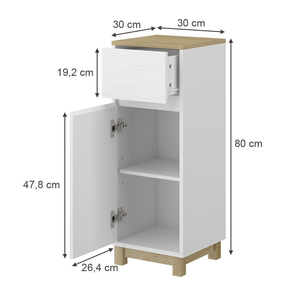 MIDISCHRANK Livia Weiß 30 x 80 cm mit Schublade - Weiß/Naturfarben, Holzwerkstoff (30/80/30cm) - Vicco