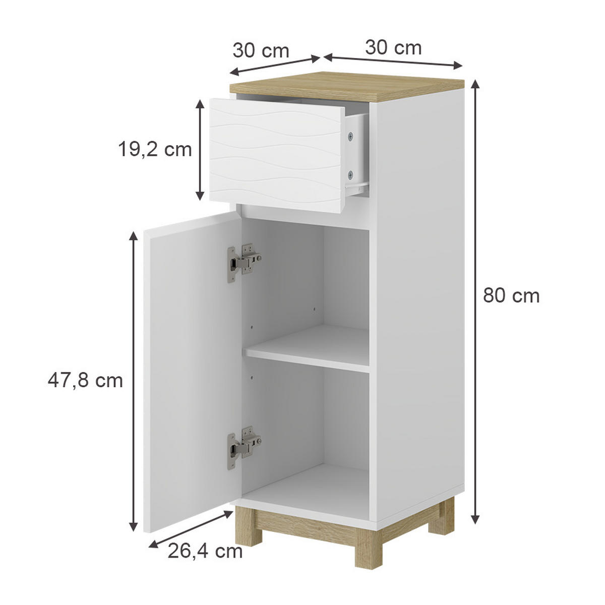 MIDISCHRANK Livia Weiß 30 x 80 cm mit Schublade - Weiß/Naturfarben, Holzwerkstoff (30/80/30cm) - Vicco