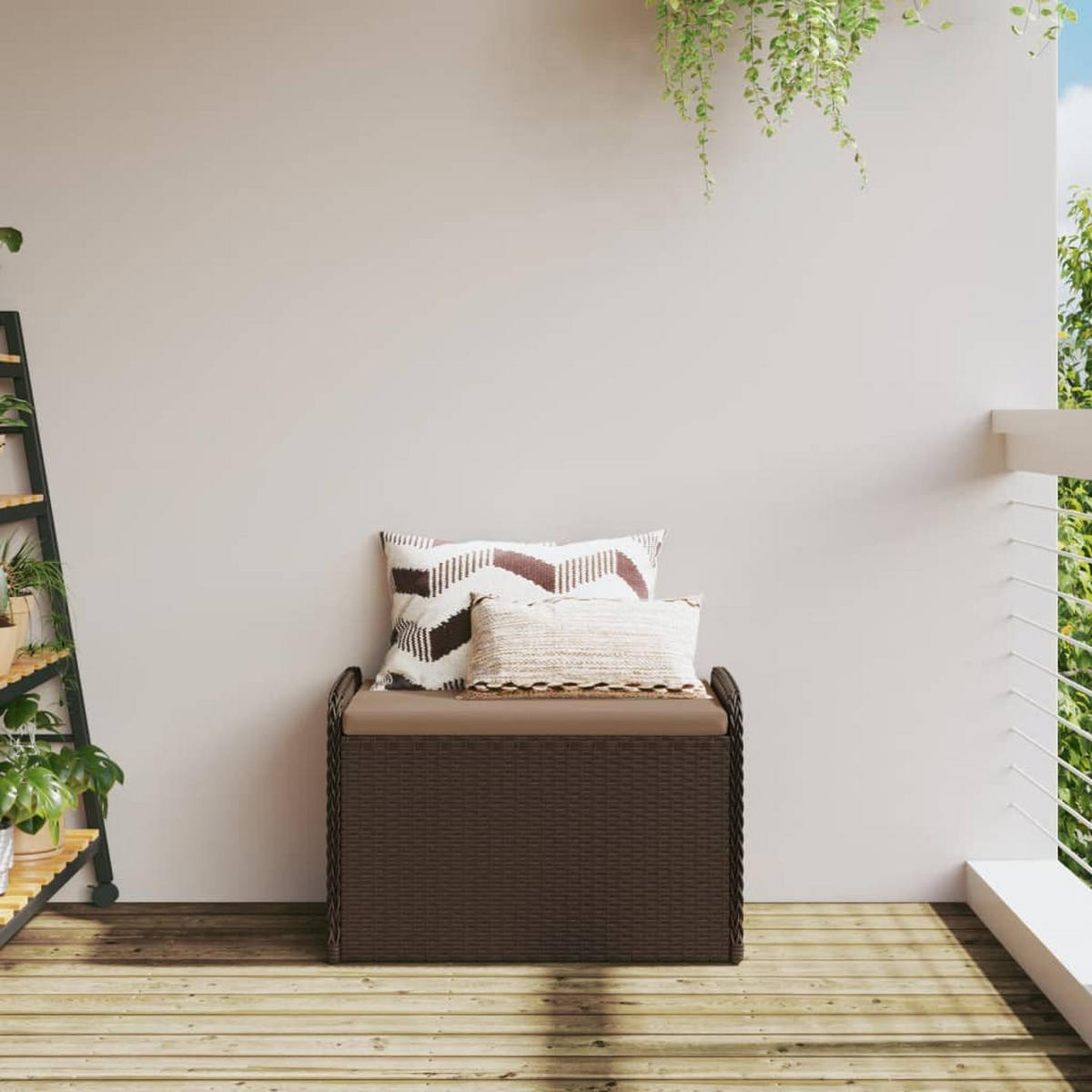 SITZBANK Mit Stauraum & Kissen Braun 80/51/52 Cm Poly Rattan - Weiß/Braun, Kunststoff/Textil (80/52/51cm) - vidaXL
