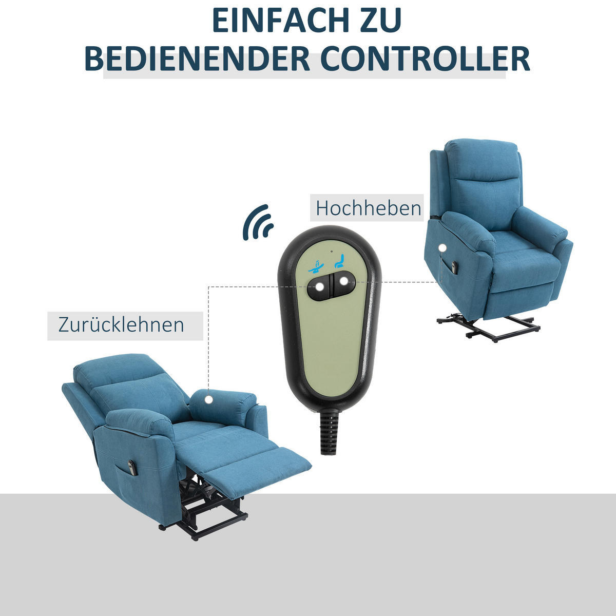 FERNSEHSESSEL mit Aufstehhilfe, Blau - Blau/Schwarz, Textil/Metall (89/102/83cm) - HOMCOM